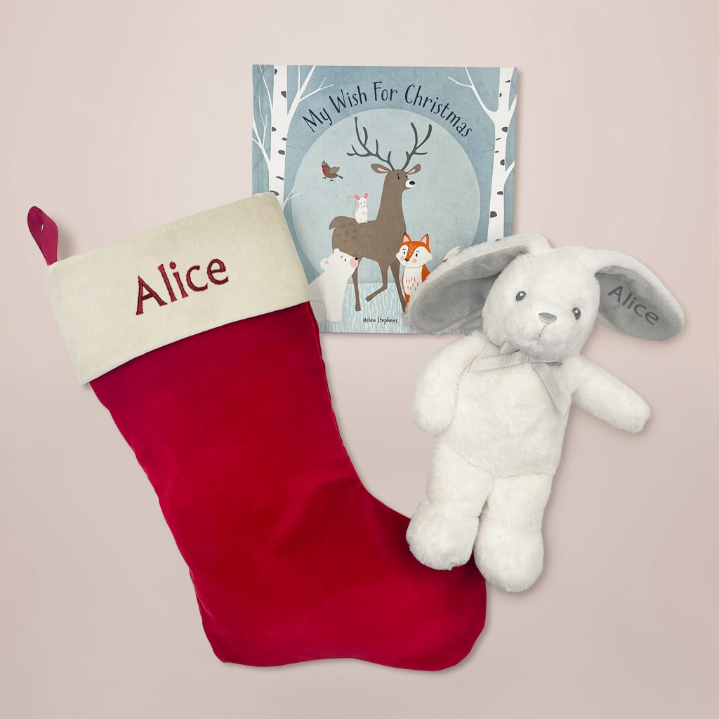 Personalized Christmas Stocking and Book Set for Kids - Little Grey Bunny Themed Holiday Gift for Children | Perfect for Christmas Decorations, Stocking Stuffers & Holiday Storytime