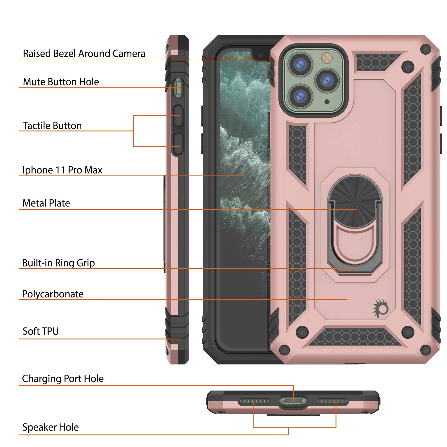 PunkCase for iPhone 11 Pro Max - Military Grade Protective Case with Metal Ring Grip & Kickstand | Dual Layer ArmorShield Series | Full Body Protection for iPhone 11 Pro Max (6.5 Inch) | Rose Gold | Perfect for Outdoor Activities, Travel & Daily Use