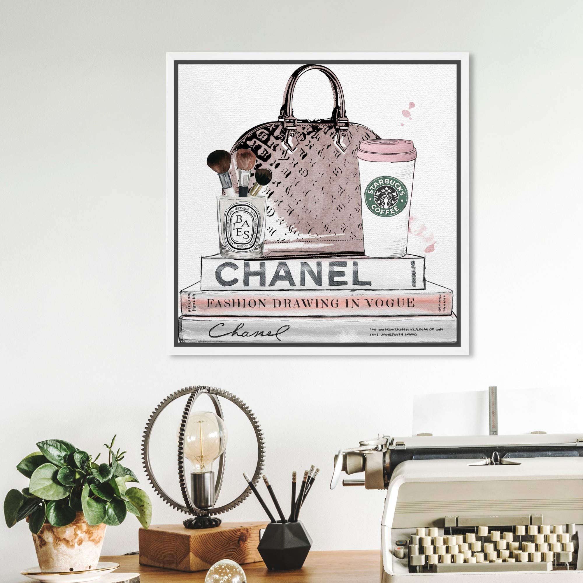 Oliver Gal Fashion & Glam Framed Wall Art Canvas Print - 'Blush & Makeup Brush' Handbag Design | Perfect for Bedroom, Living Room & Salon Decor