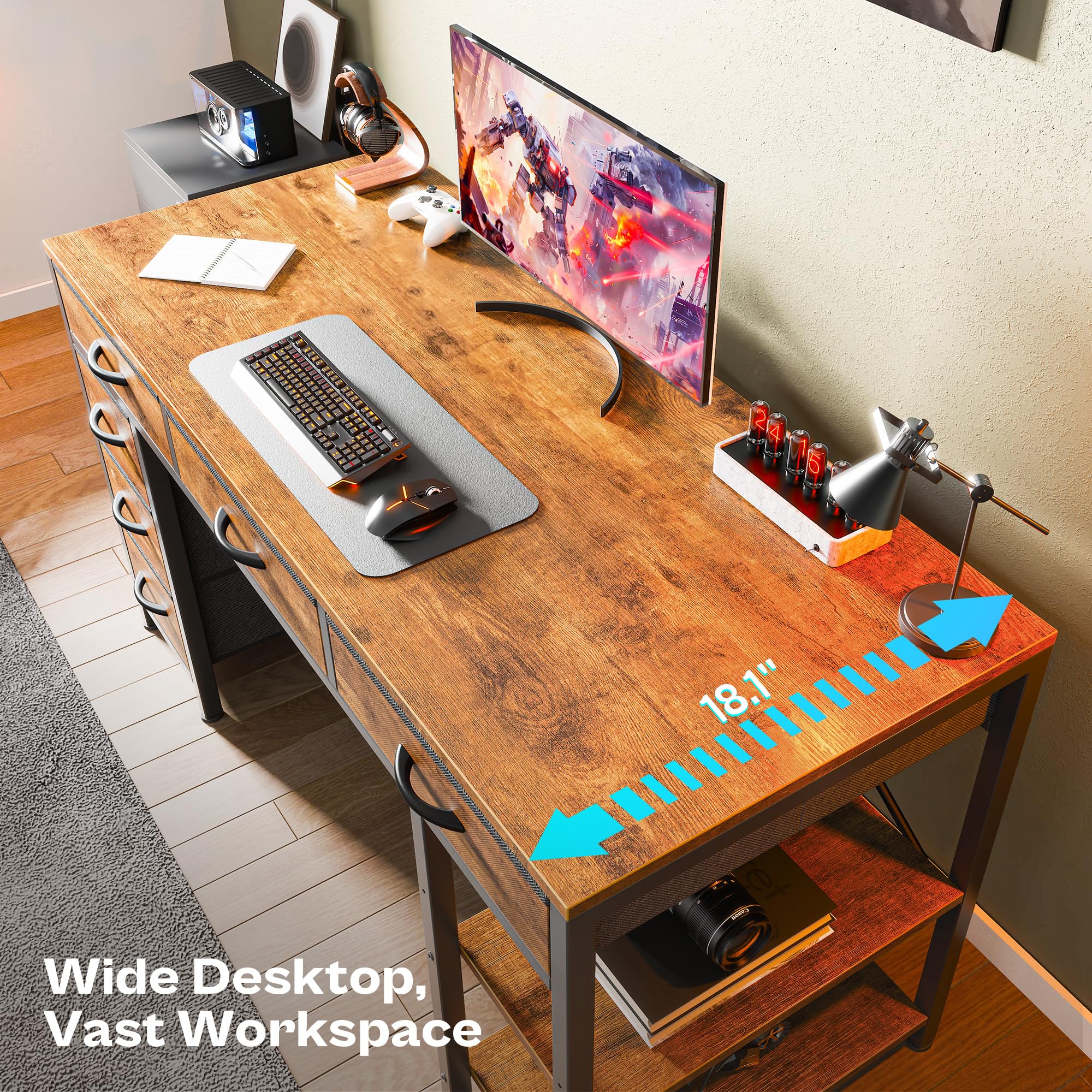 Huuger 47 Inch Computer Desk with 6 Drawers & Shelves - Reversible Gaming Desk, Corner Office Desk with Storage - Rustic Brown Workstation for Home Office, Study, Living Room - Perfect for Remote Work, Online Classes & Gaming Setup