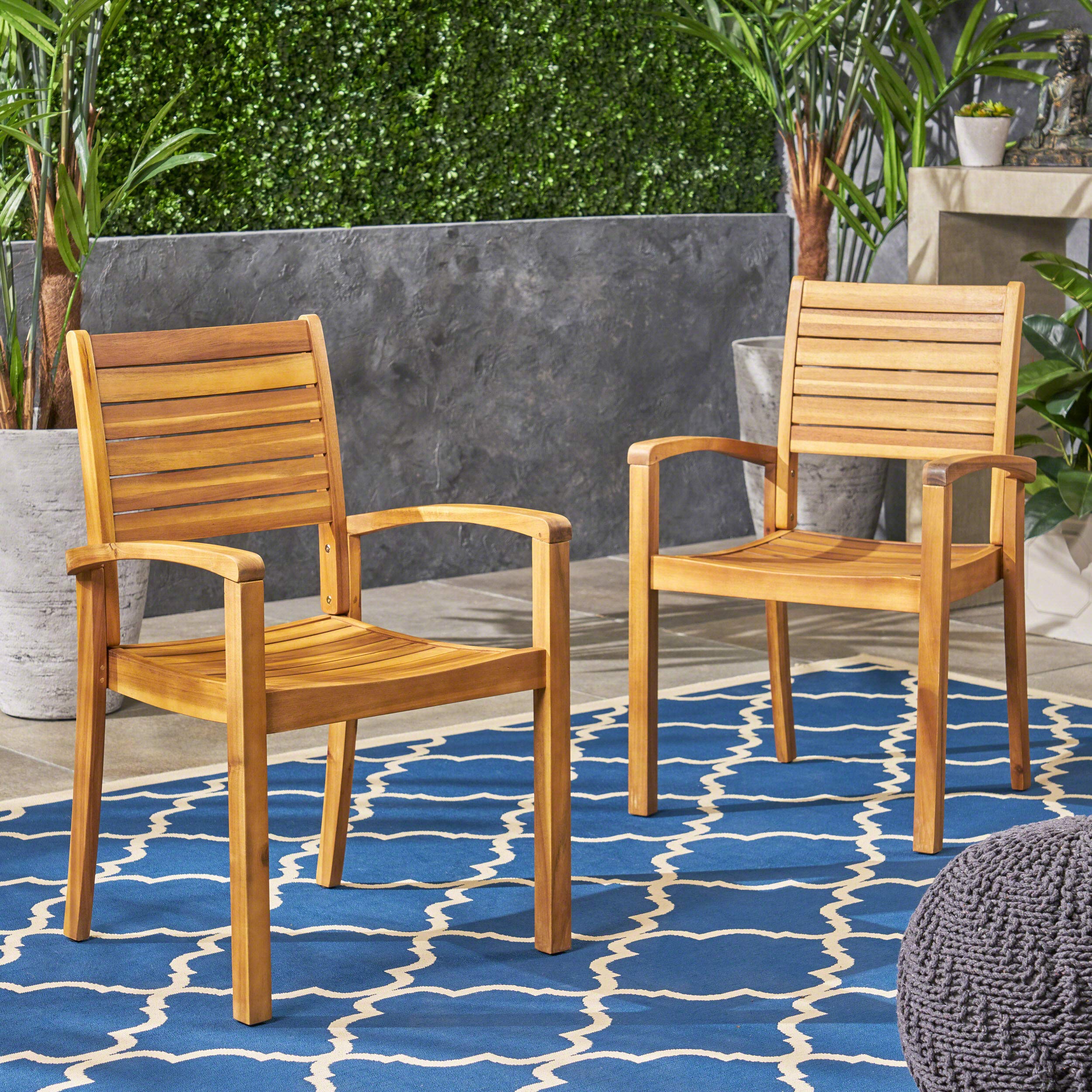 Christopher Knight Home Watts Outdoor Acacia Wood Dining Chairs, Teak Finish (Set of 2) - Patio, Garden, Poolside & Backyard Furniture for Outdoor Entertaining
