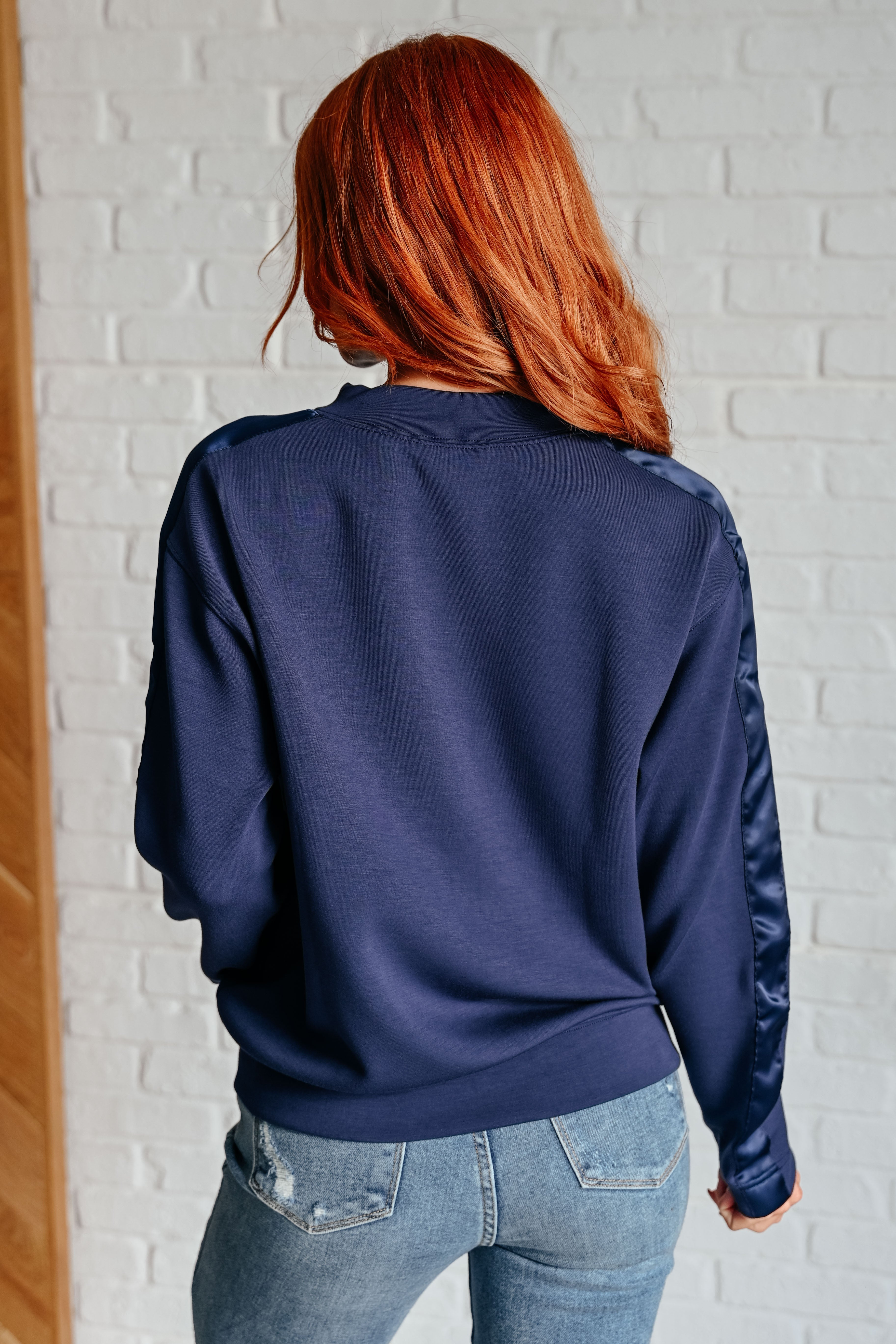 Lysa Women's Satin Stripe Pullover Sweater - Soft Long Sleeve Knit Top in Smoky Navy Blue | Perfect for Office Wear, Date Nights & Fall Layering