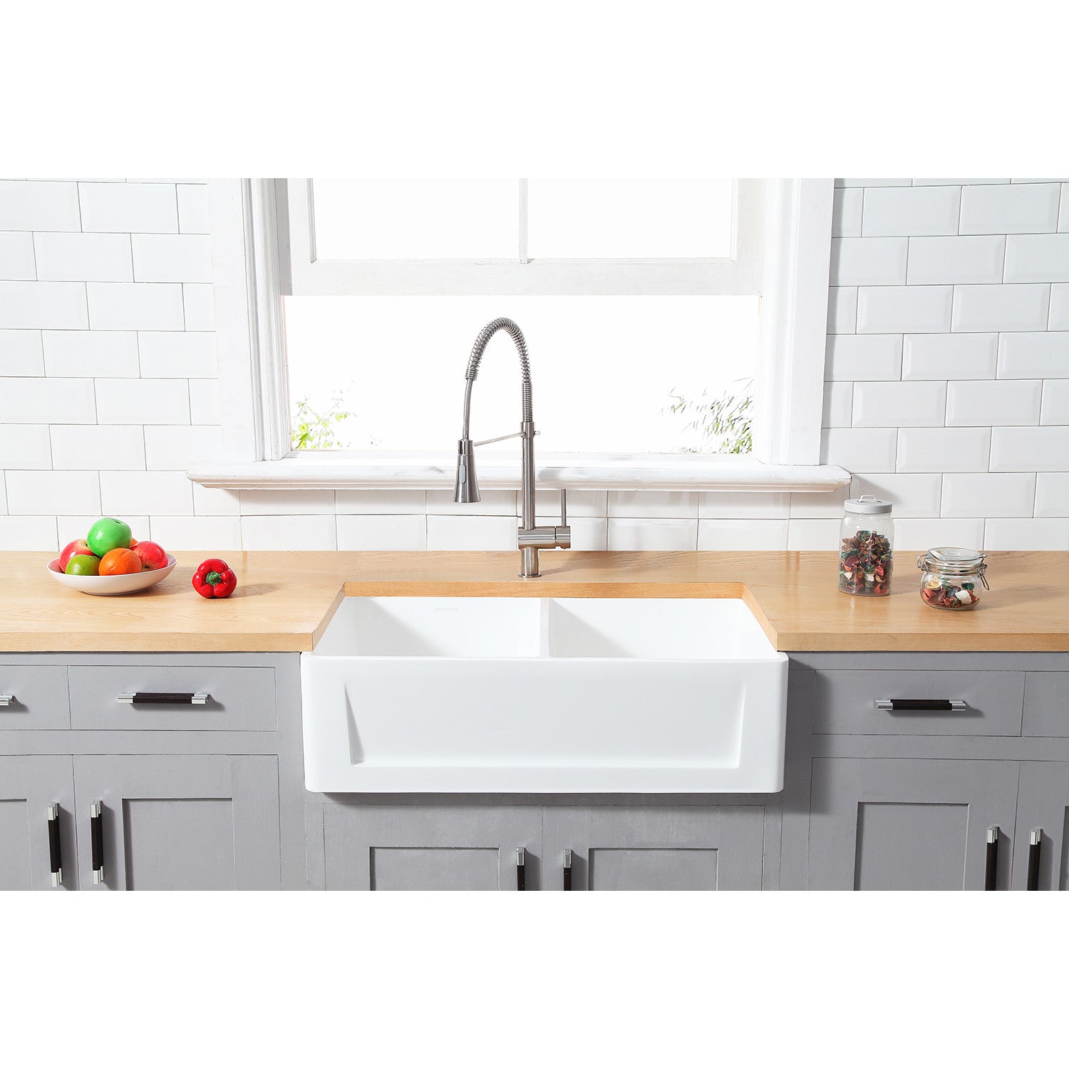 Arcticstone 36 Inch White Farmhouse Kitchen Sink - Double Bowl Apron Front Solid Surface Sink with 2 Strainers, Matte Finish - Perfect for Modern Farmhouse & Rustic Kitchen Designs