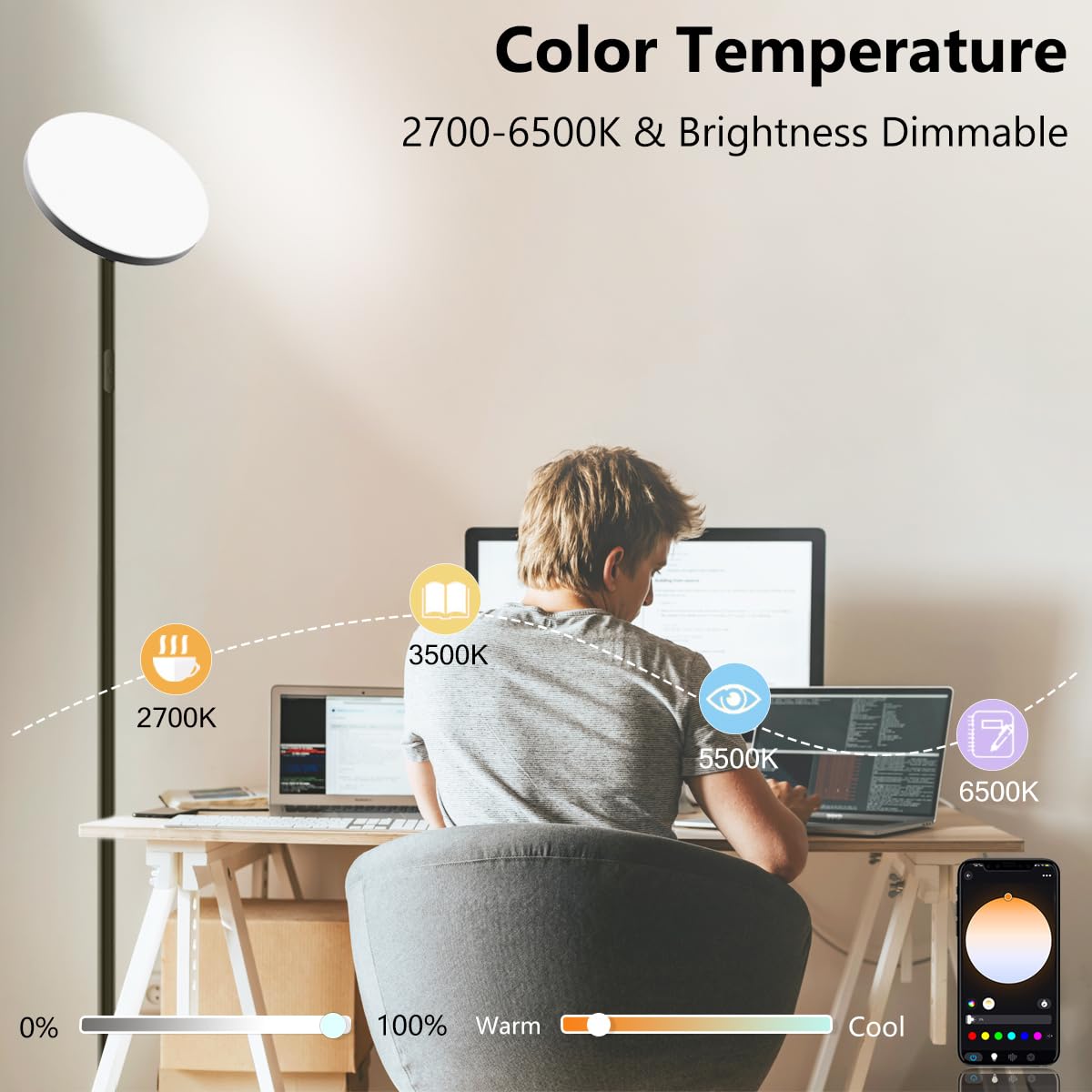 Smart LED Floor Lamp - 2000LM Brightness, 16 Million RGB Colors, Dimmable & Adjustable Angle, Remote & Touch Control - Perfect for Living Room, Bedroom, Office Lighting