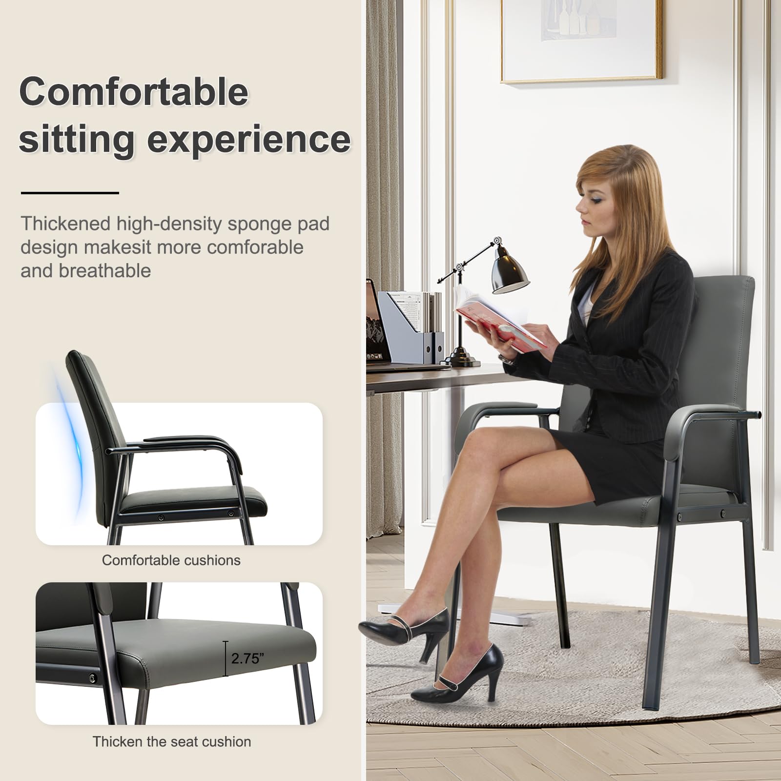 Heavy Duty Office Guest Reception Chair - 600 lbs Capacity Leather Conference Room Chair with Padded Armrests, No Wheels Desk Chair in Grey - Perfect for Waiting Areas, Meeting Rooms & Executive Offices
