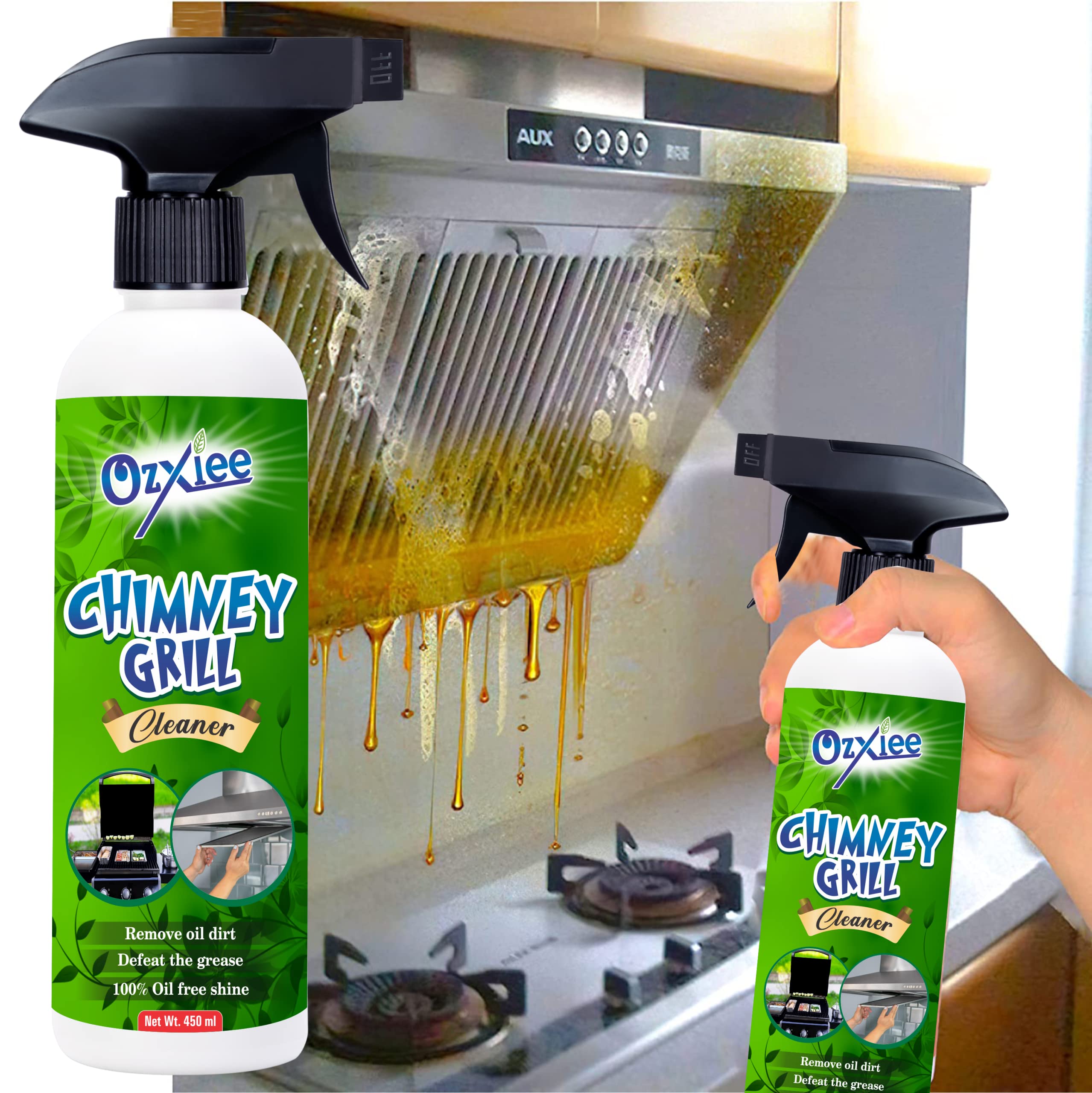 Ozxiee Chimney & Grill Cleaner Spray (450ml) - Heavy-Duty Kitchen Degreaser for Chimneys, Microwaves, Grills, Gas Stoves, Exhaust Fans & Deep Fryers | Removes Tough Grease & Oil | Ideal for Home & Commercial Kitchens