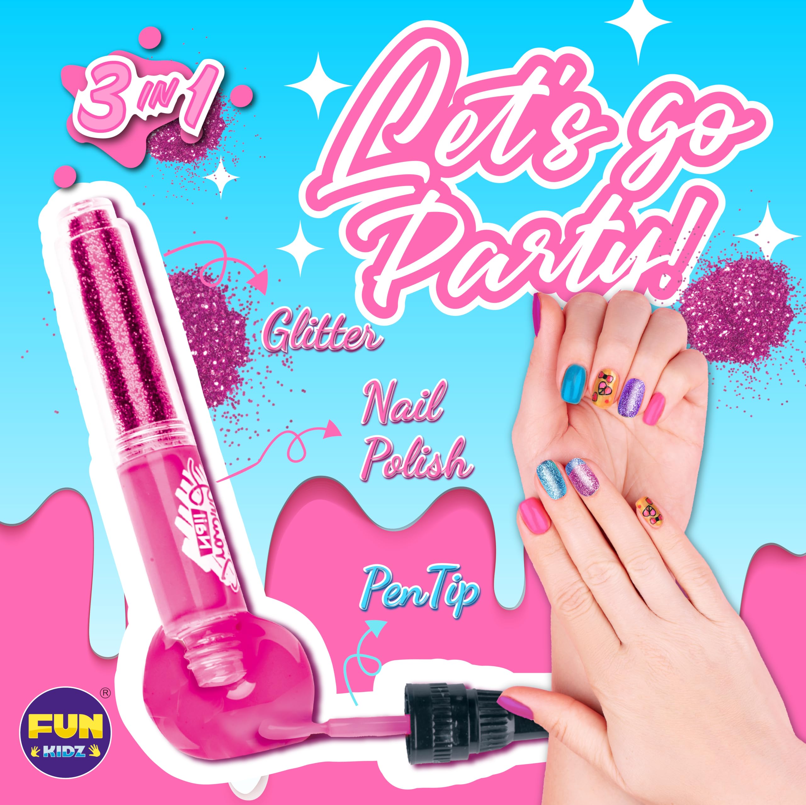 FunKidz Nail Polish Pens Kit for Girls 7-12 - Peelable Nail Art Set with Glitter & Gems for Party & Play