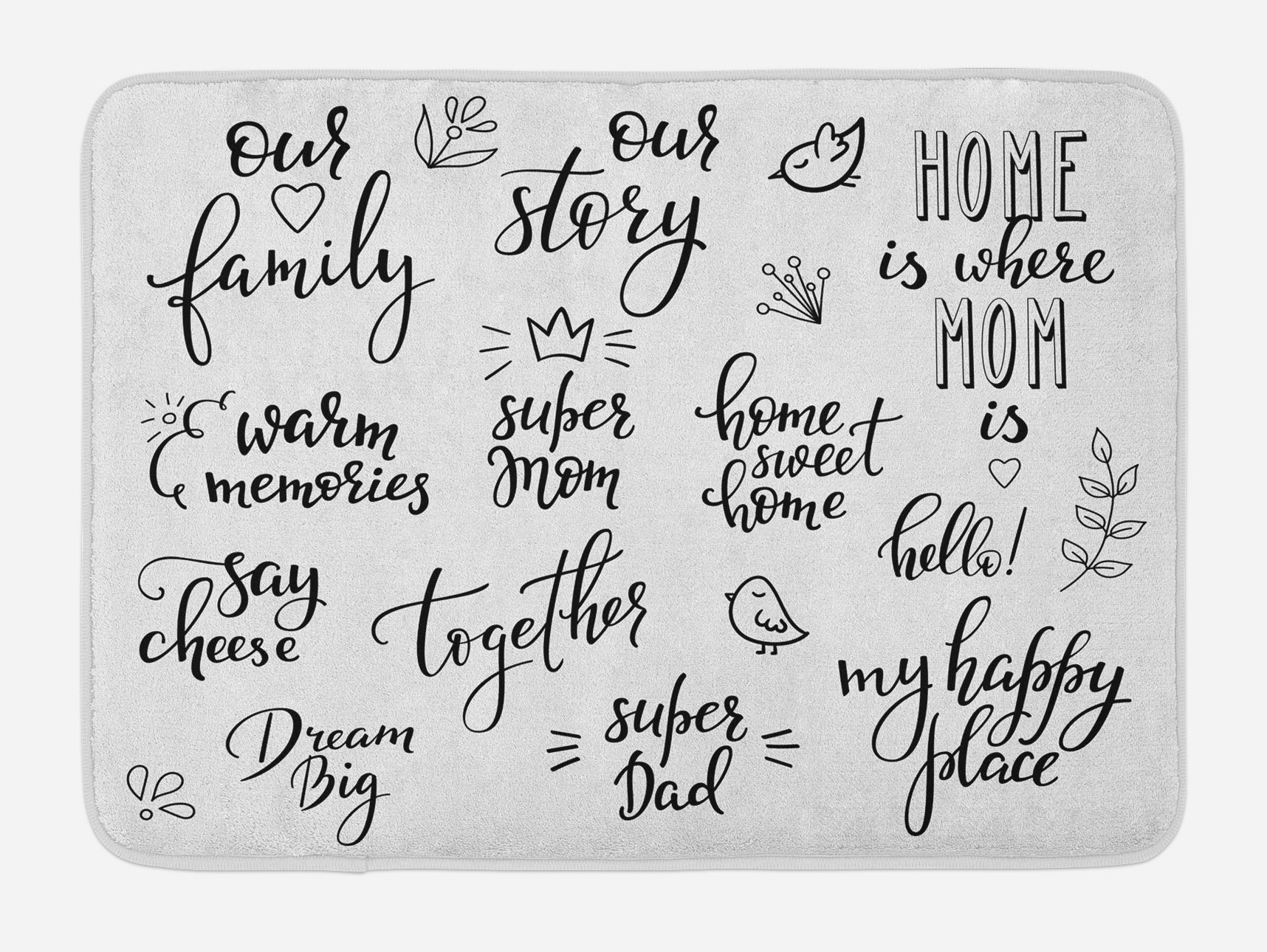 Ambesonne Plush Non-Slip Bath Mat - Calligraphy Family Lettering with Birds & Floral Design, 30