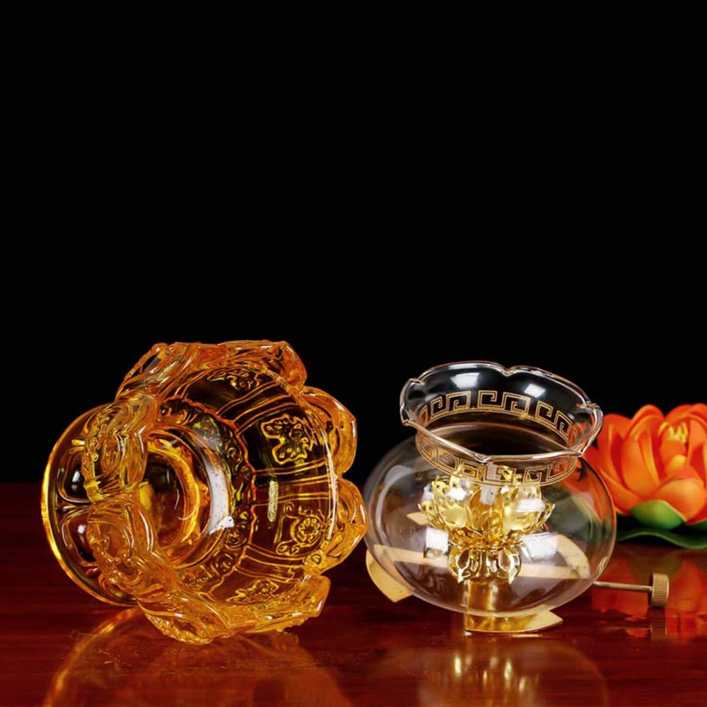 Premium Glass Crystal Lotus Oil Lamp - Indoor Buddha Head Kerosene Lamp with Ultra-Pure Paraffin Wax, Gold Lantern Candle Holder for Home Decor, Meditation & Spiritual Spaces