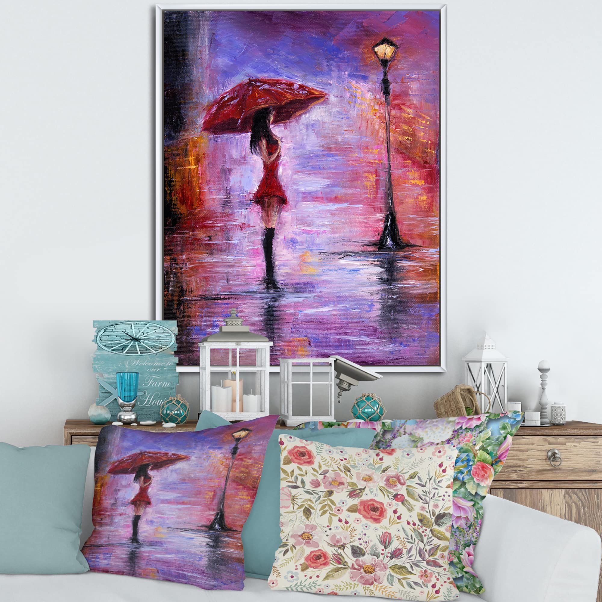 French Country Framed Canvas Wall Art Print - Woman with Umbrella Walking in Rain - Perfect for Living Room, Bedroom & Office Decor