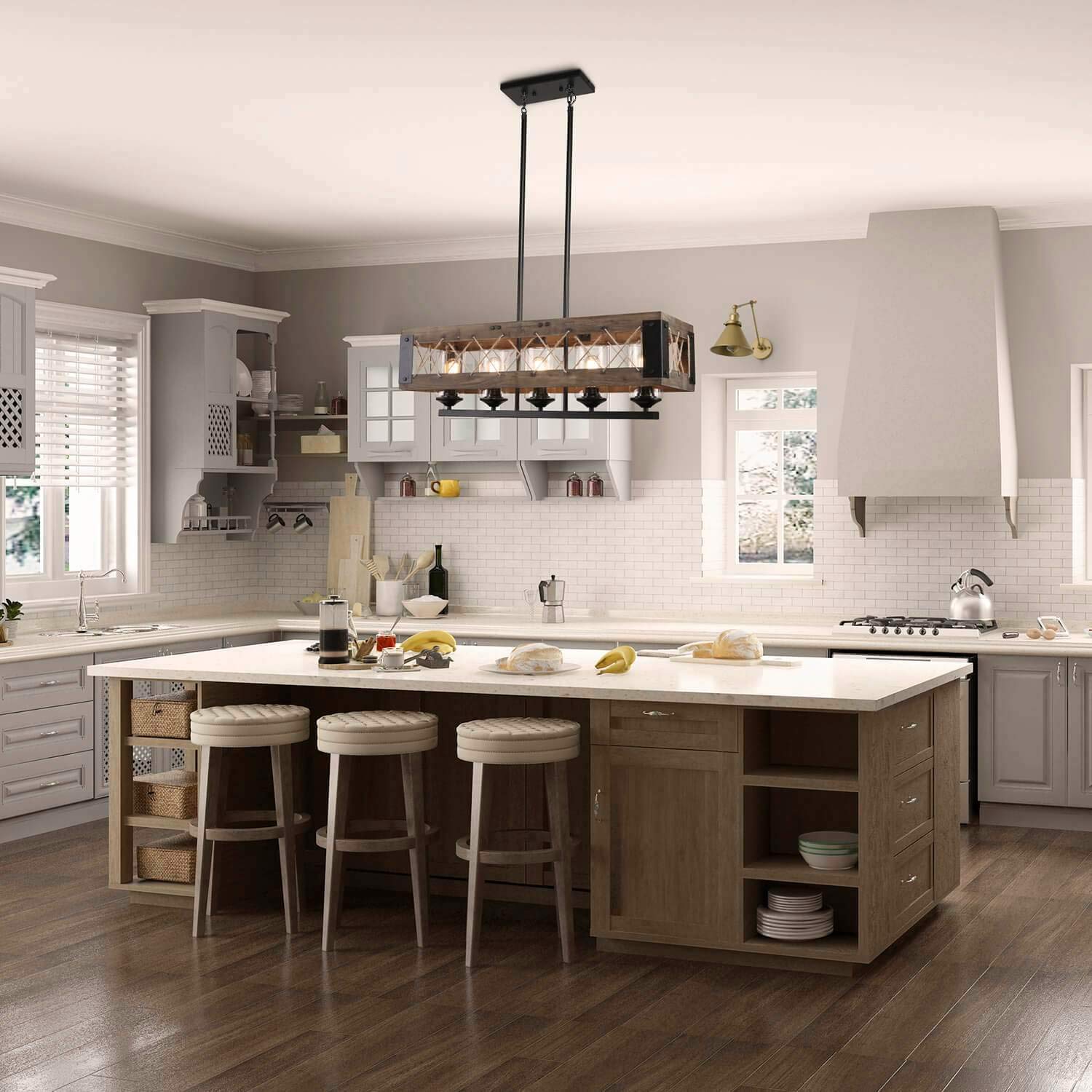 Farmhouse Chandelier 5-Light Kitchen Island Pendant Lighting - 32 Inch Rustic Wood & Black Finish with Clear Glass Shades - Perfect for Dining Room, Kitchen Island, and Farmhouse Decor
