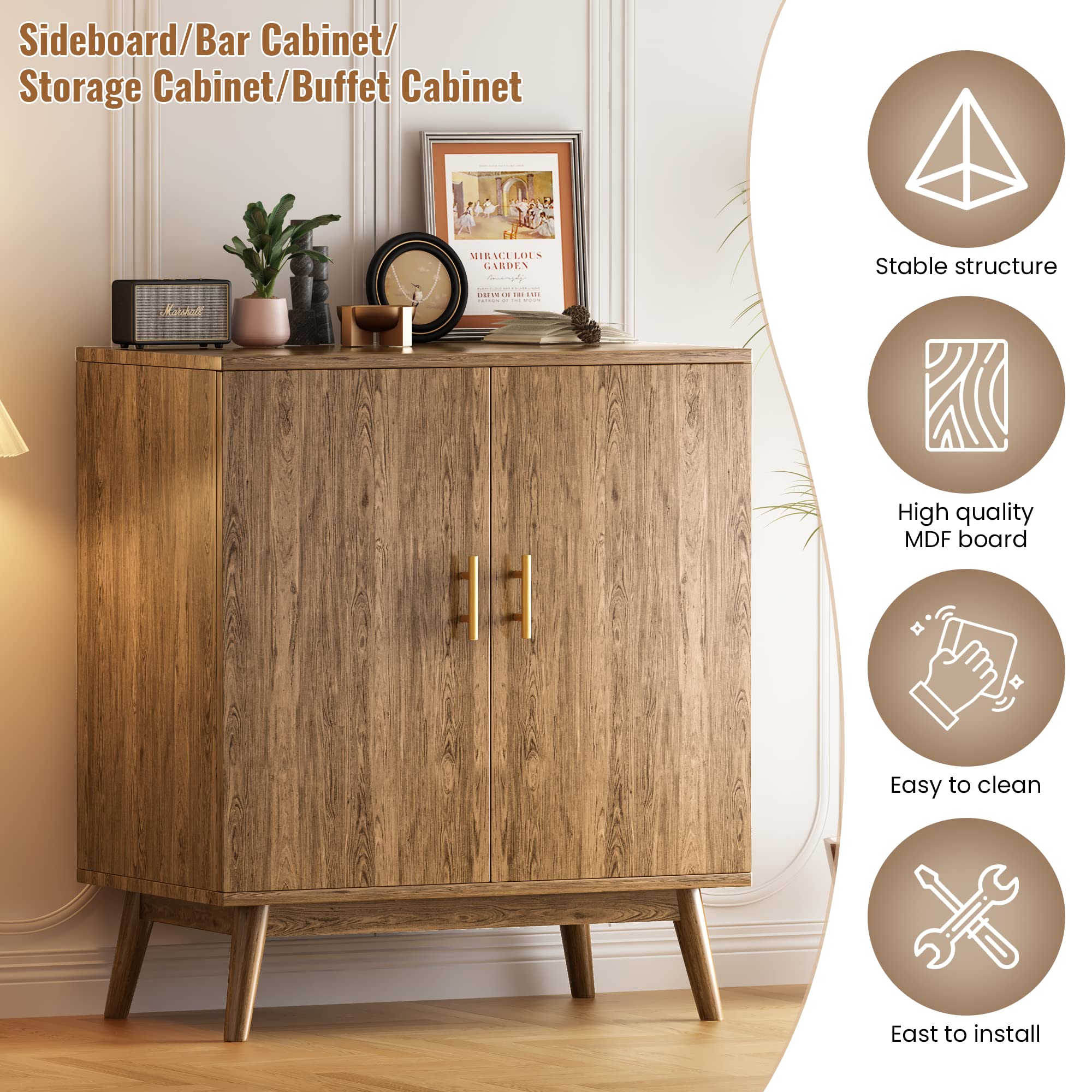 AWQM Sideboard Buffet Cabinet with Double Doors - Wine Bar Storage Cabinet with Wine Rack & Glass Holder - Modern Brown Sideboard for Dining Room, Living Room, Kitchen - Perfect for Home Bar, Wine Storage & Display