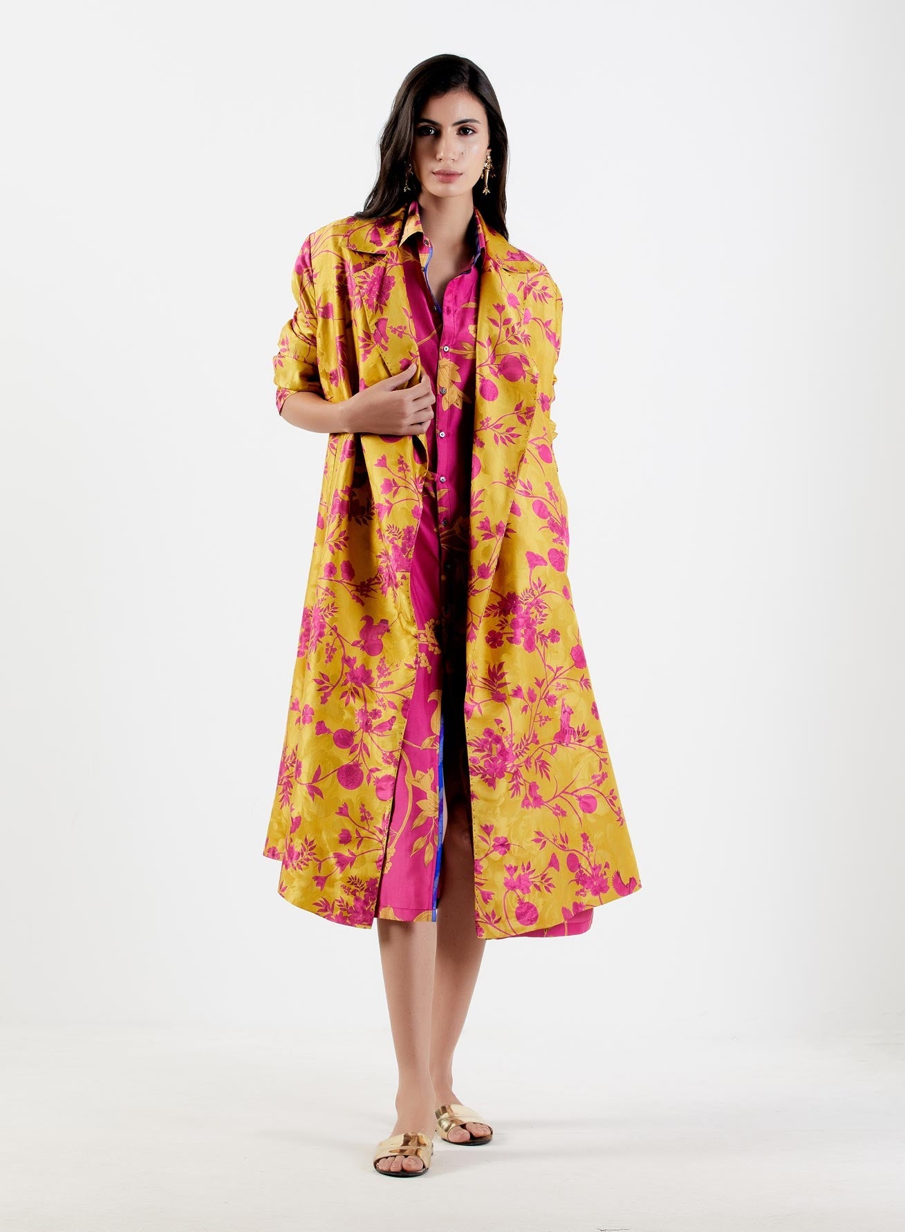 Luxury Long Silk Damask Coat for Women - Elegant Sorbet Color Formal Wear - Perfect for Weddings, Parties & Evening Events