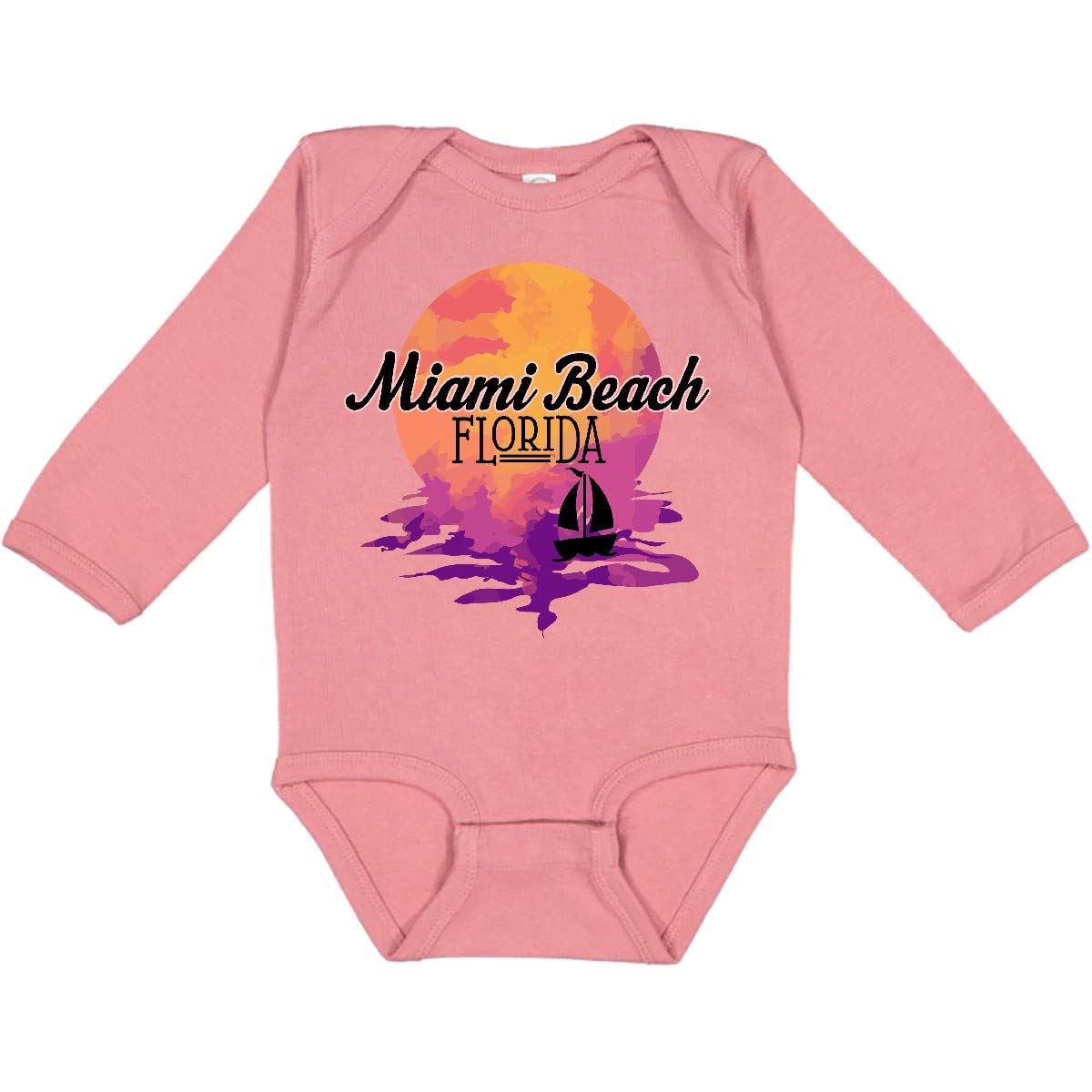 Inktastic Miami Beach Florida Sunset Graphic Long Sleeve Baby Bodysuit - Soft Cotton Creeper for Beach Vacations & Family Photos