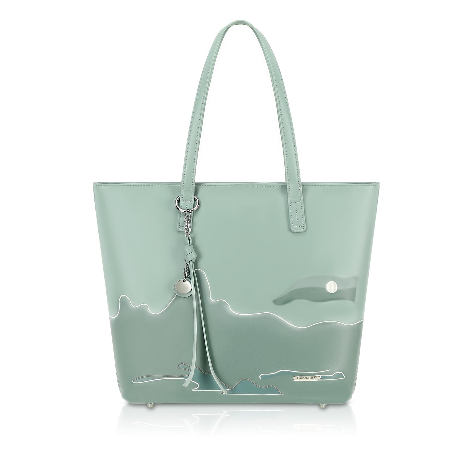 Premium PU Leather Tote Bags for Women - Large Zippered Handbags with Shoulder Strap, Light Green Chinese Landscape Print, Stylish Work & Everyday Purse | Perfect for Office, Commuting, Shopping & Travel