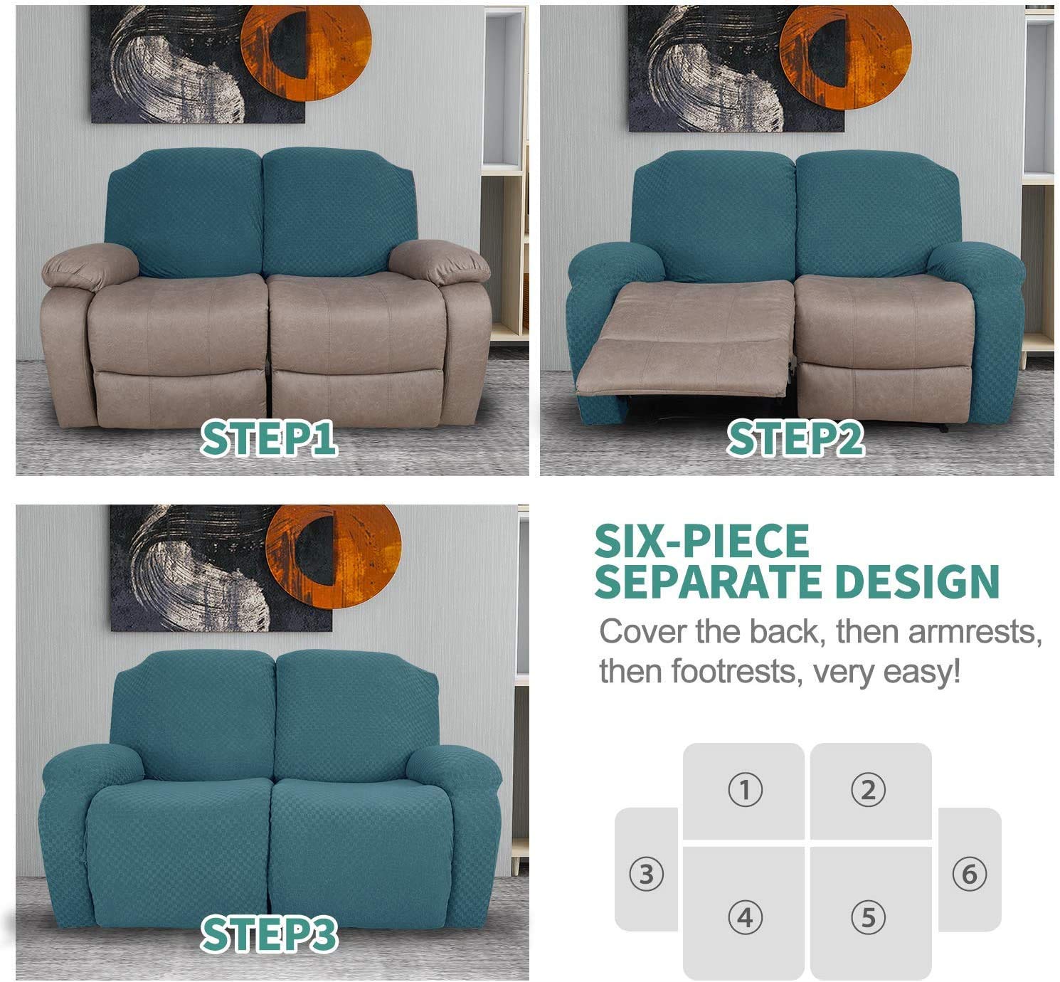 6-Piece Stretch Loveseat Recliner Slipcover - Jacquard Recliner Sofa Cover with Side Pockets, Elastic Bottom Furniture Protector (Peacock Blue) - Perfect for Living Room, Family Room & Home Theater Seating Protection