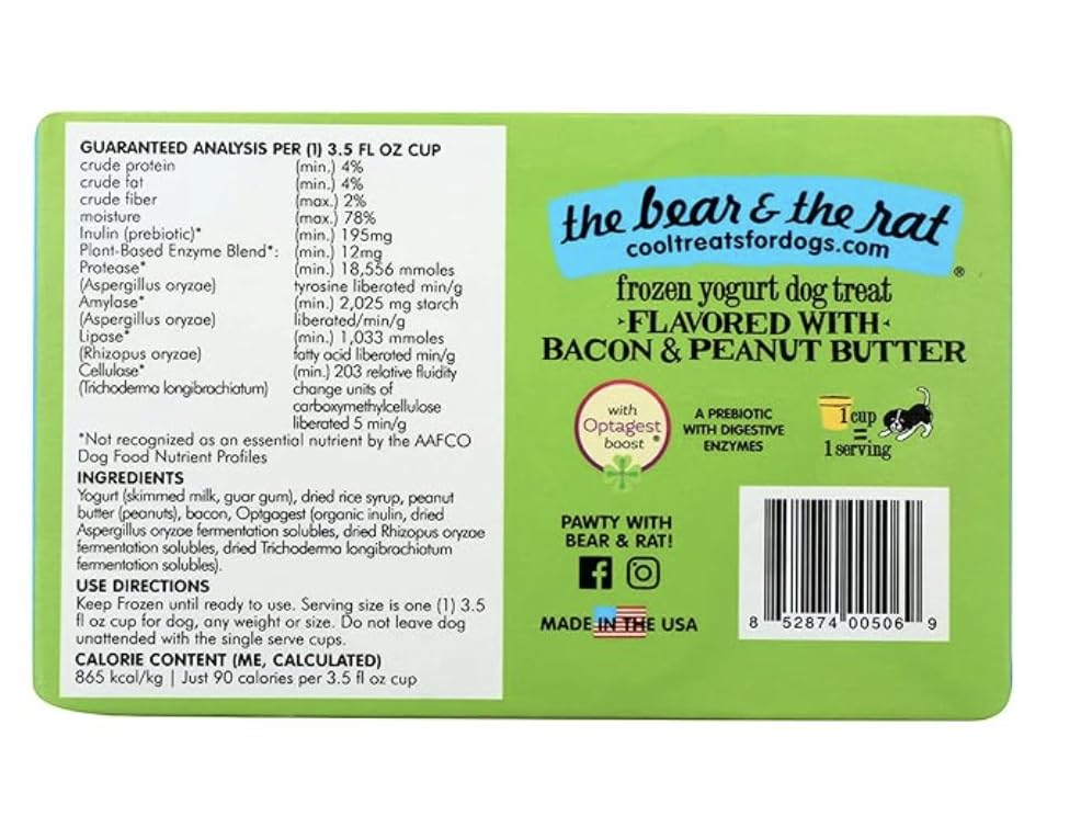 Bacon & Peanut Butter Frozen Dog Treats - Healthy Ice Cream for Puppies to Large Dogs (Pack of 4) | Gut-Friendly Pup Cups | Made in USA by The Bear & The Rat | Perfect for Summer Treats & Dog Birthday Parties