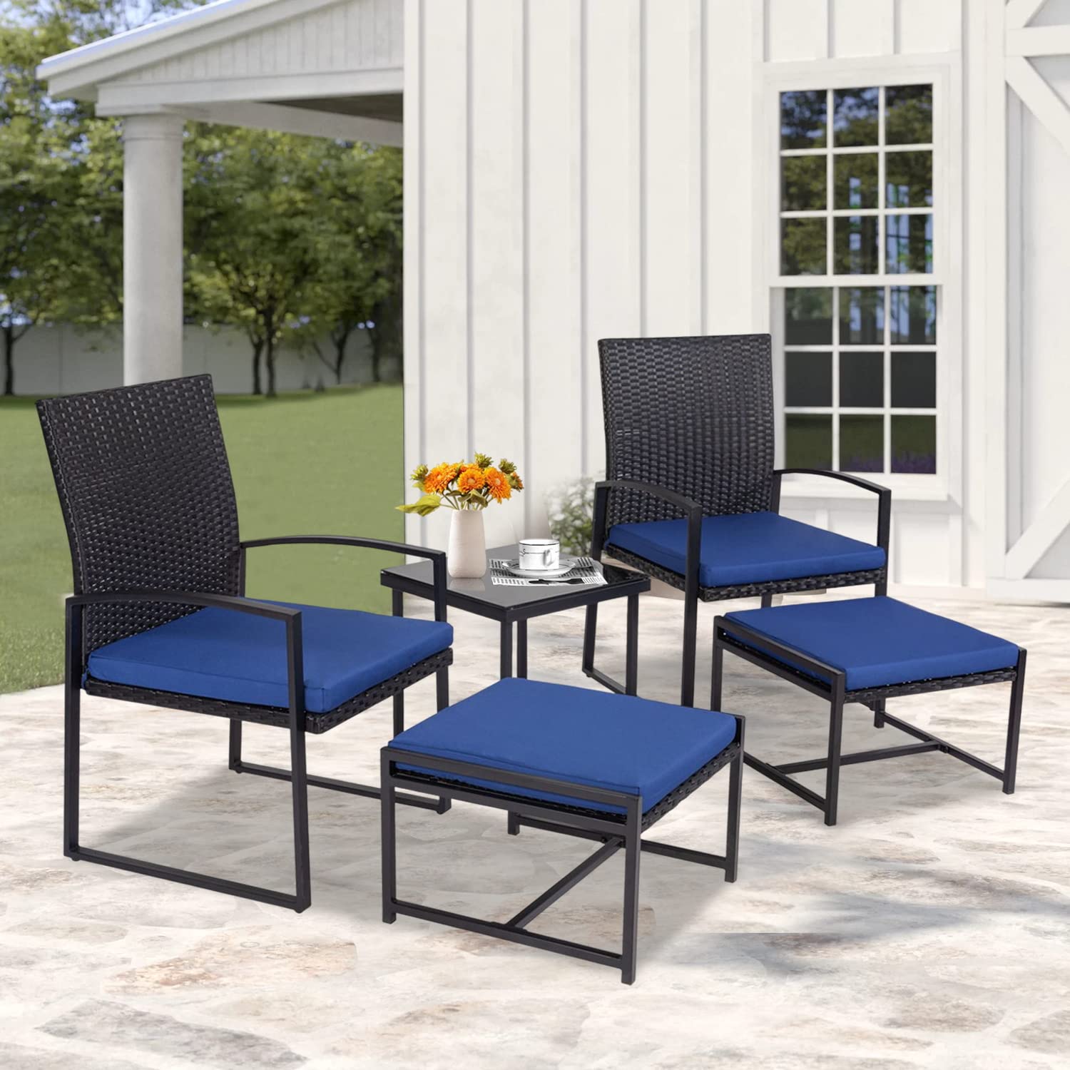 Kinbor 5-Piece PE Rattan Patio Furniture Set - Outdoor Wicker Armchair, Ottoman & Coffee Table with Cushions, Dark Blue - Perfect for Balcony, Porch, Backyard, Garden & Poolside Relaxation