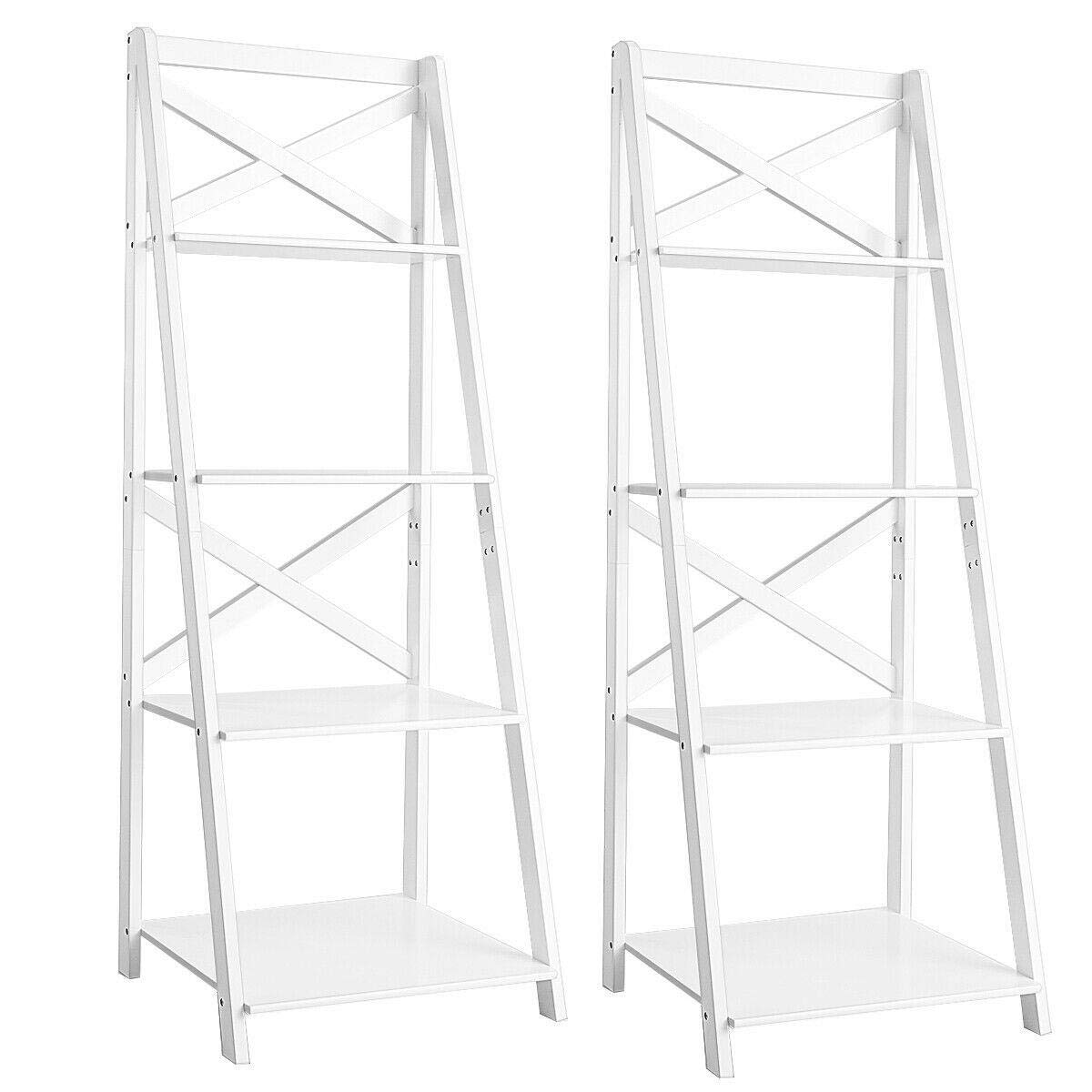 2-Tier White Ladder Shelf - Space-Saving Bookcase for Home & Office - Perfect for Books, Plants, Decor & Storage - Modern Leaning Shelf for Living Room, Bedroom or Study