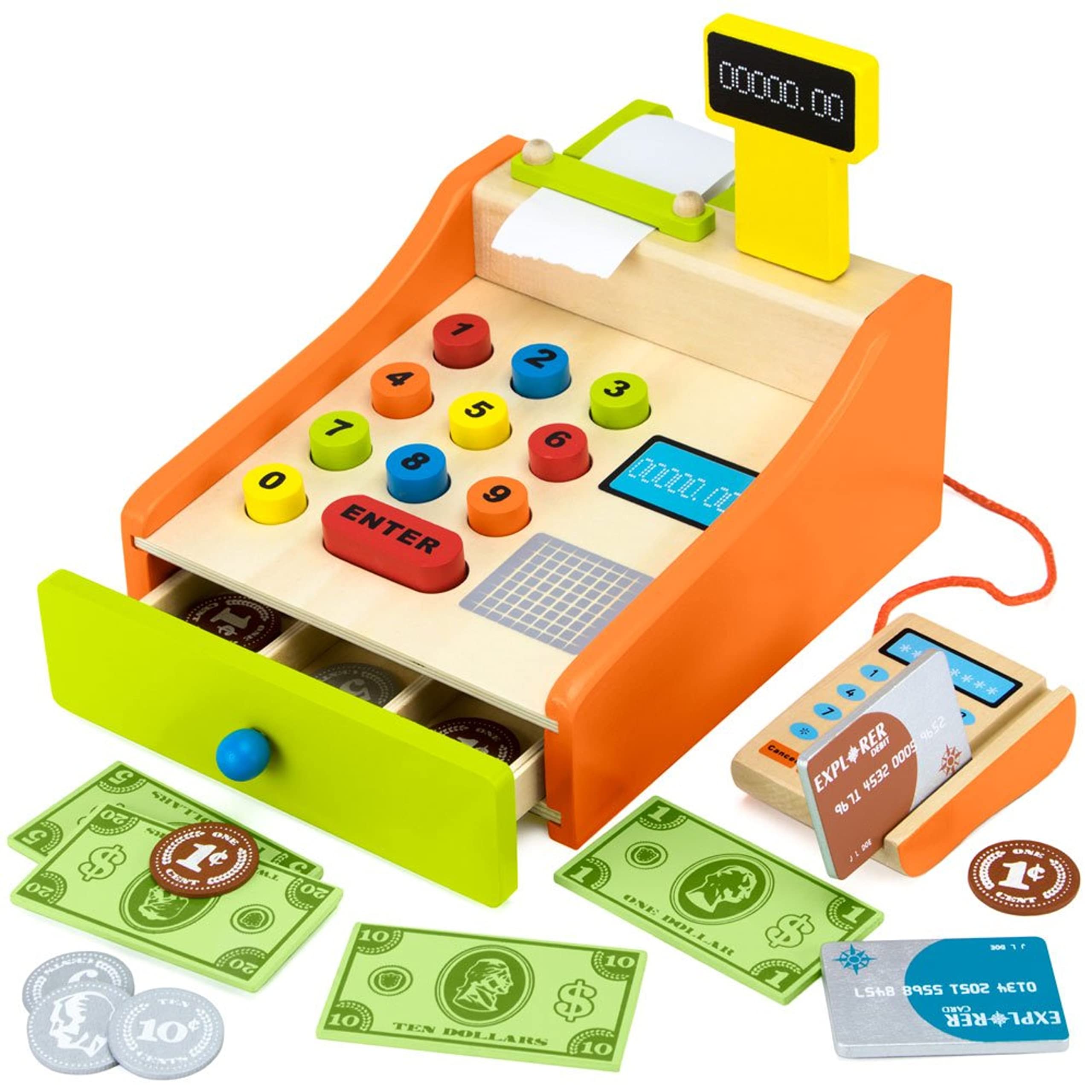 Wooden Cash Register Toy with Play Money for Kids (22pcs) - Pretend Play Set Includes Coins, Bills & Credit Cards - Educational STEM Learning Toy for Math & Money Skills - Perfect for Classroom, Homeschool & Role Play Games