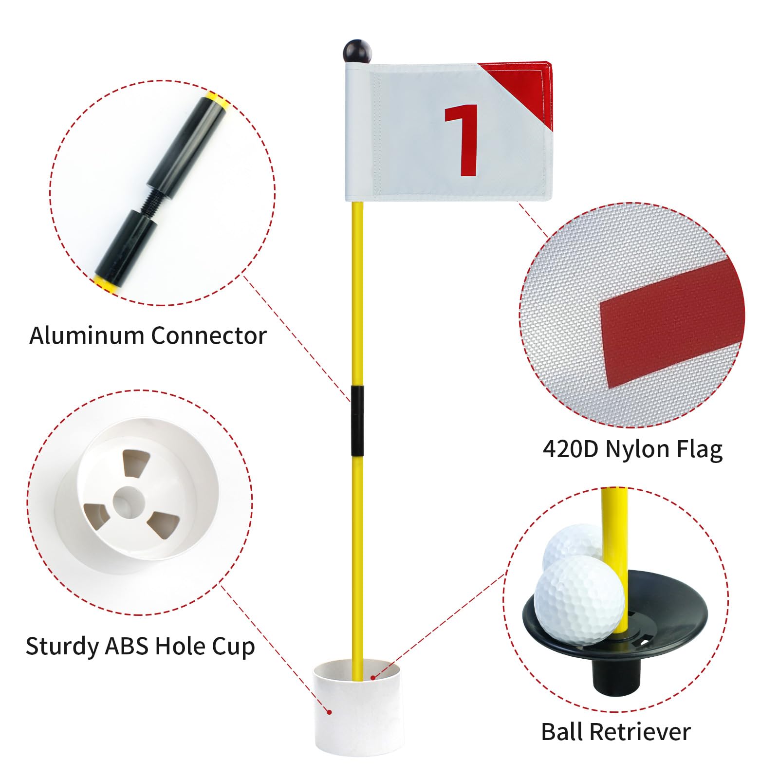 KOFULL Portable 2-Section Fiberglass Golf Putting Green Flag & Hole Cup Set - Professional Yard Practice Equipment with Flagstick - Perfect Golf Training Aid & Gift for Golf Enthusiasts - Ideal for Backyard, Indoor, and Outdoor Practice Sessions