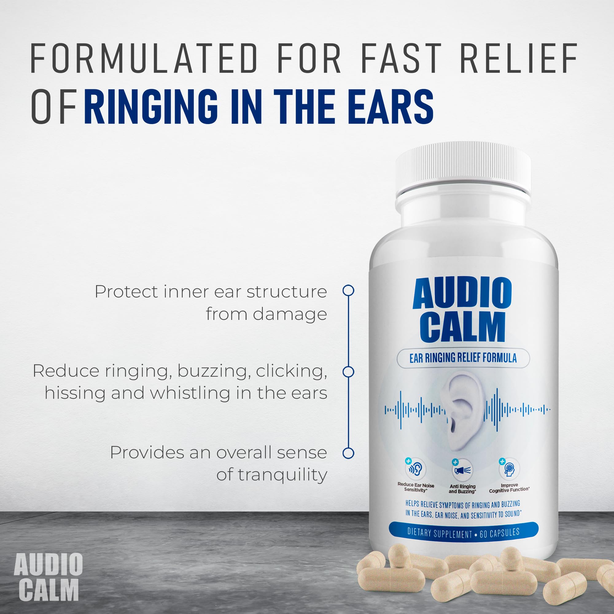Audio Calm - Natural Tinnitus Relief Supplement for Ear Ringing, Buzzing & Clicking | 60 Capsules | Supports Hearing Health & Stress Relief | Perfect for Office Workers & Nighttime Use