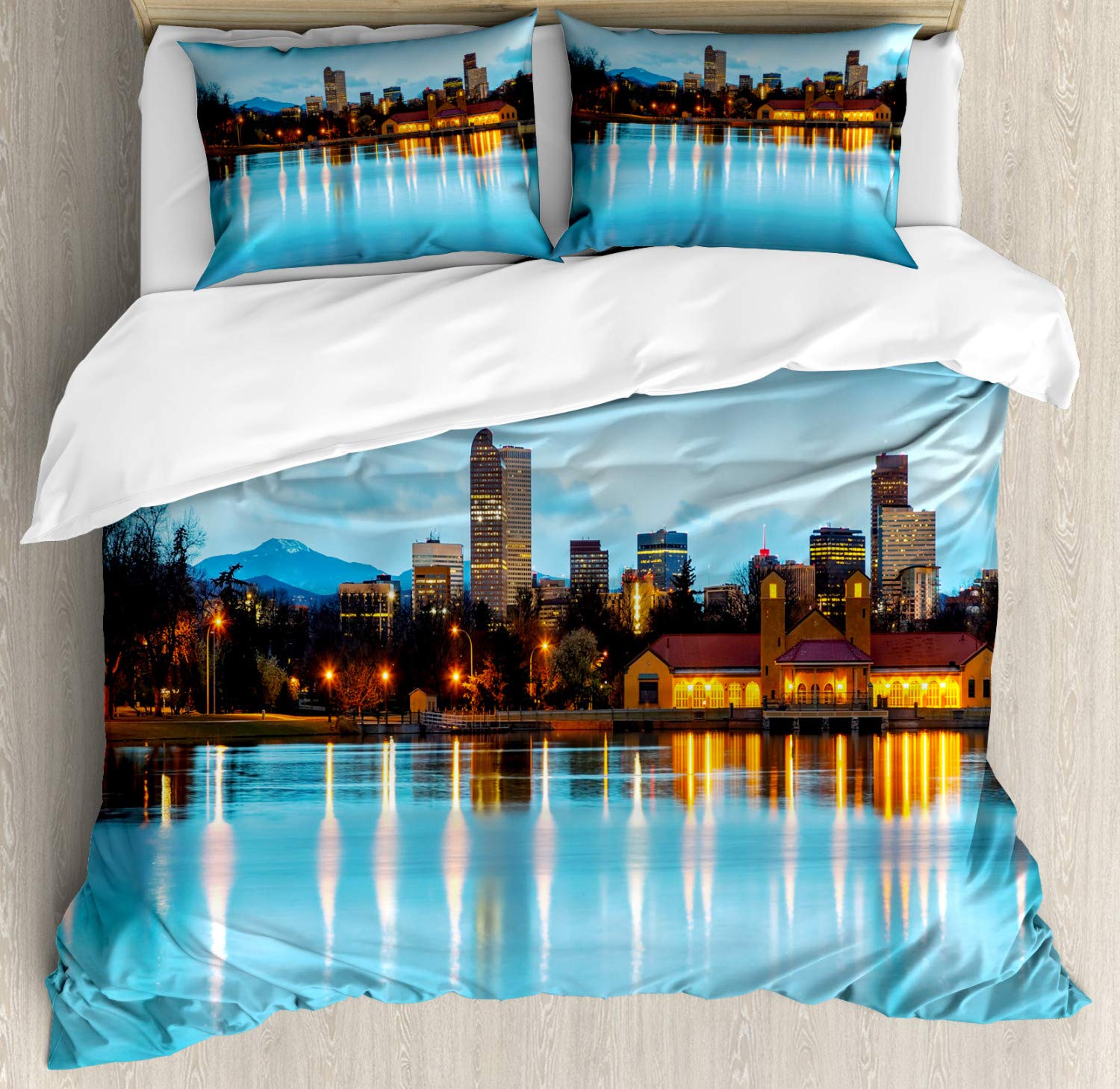 Ambesonne Urban Duvet Cover Set - King Size 2-Pack with 2 Duvet Covers & 4 Pillowcases | Denver Ferril Lake Colorado City Park Design in Sky Blue Yellow Orange | Modern Bedding for Urban Apartments, Guest Rooms & College Dorms