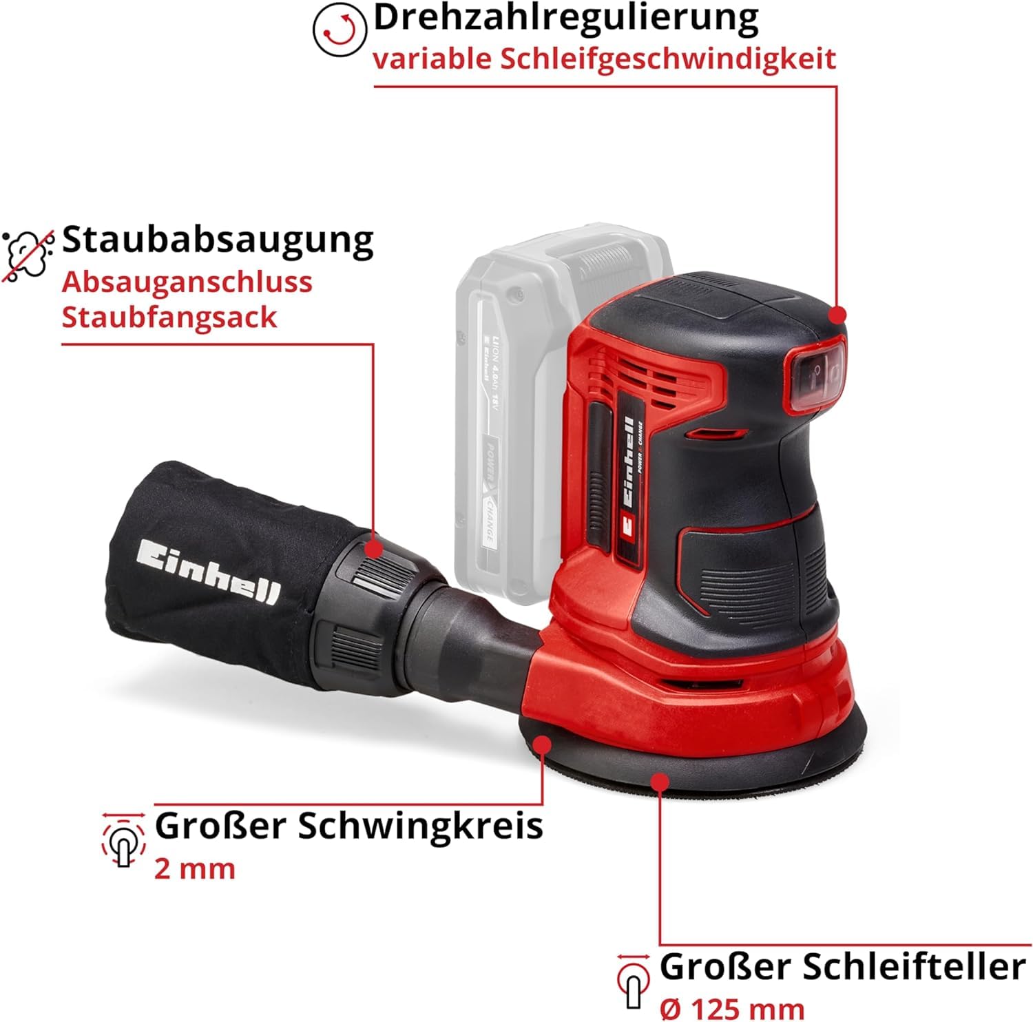 Einhell TE-RS 18 Li-Solo Power X-Change Cordless Random Orbit Sander - 18V Lithium-Ion Battery (Not Included) with Speed Control & Micro Hook-and-Loop Fastening - Includes 1x P80 Sandpaper - Perfect for Woodworking, DIY Projects & Surface Preparation
