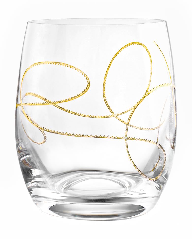Premium Barski Glass Tumbler Set - 4 Elegant 14oz Double Old Fashioned Glasses with Gold String Design, European Crafted for Cocktails, Whiskey & Home Bar Use