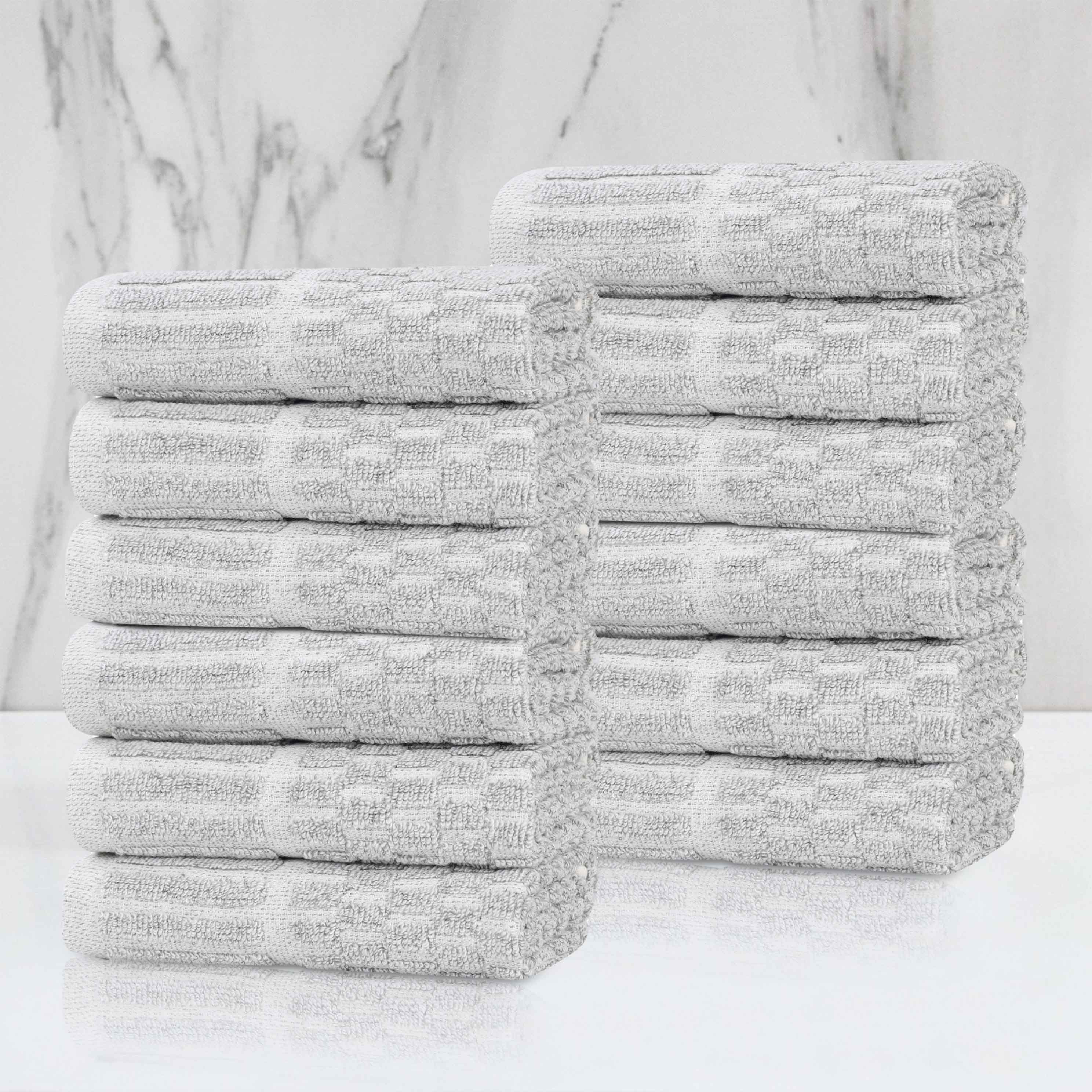 Premium 12-Pack Juno Cotton Blend Checkered Border Face Towels | Medium Weight, Soft & Absorbent | Perfect for Bathroom, Spa, Gym & Travel