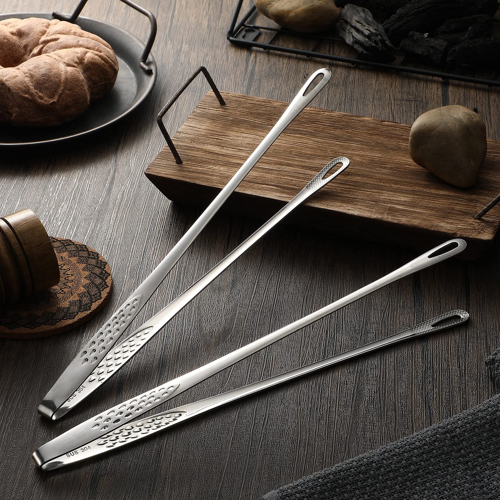 Stainless Steel BBQ Tongs for Korean & Japanese Grill, Cooking & Salad