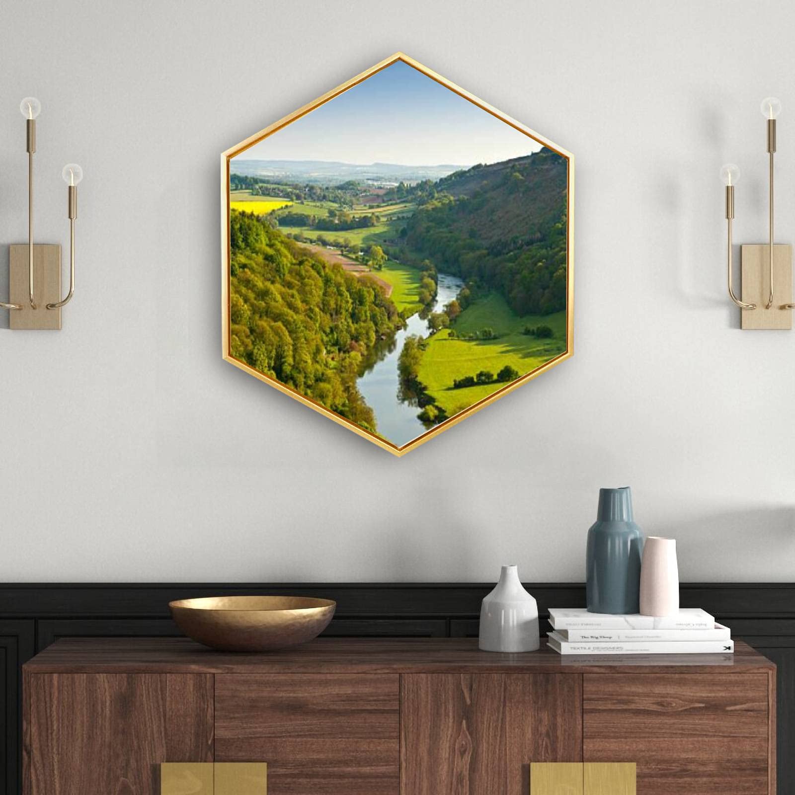 Golden Framed Canvas Wall Art - Idyllic Rural Landscape Giclee Print | Modern Minimalist Hexagon Wall Decor for Home & Office | Ready to Hang | Perfect for Living Room, Bedroom or Workspace