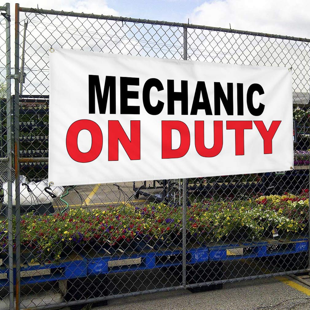 Vinyl Banner - Mechanic on Duty Sign (60x144 Inches) | Heavy-Duty, Weatherproof, Industrial Yard Sign with 10 Grommets | Black & Red Automotive Design for Shops, Garages & Outdoor Use