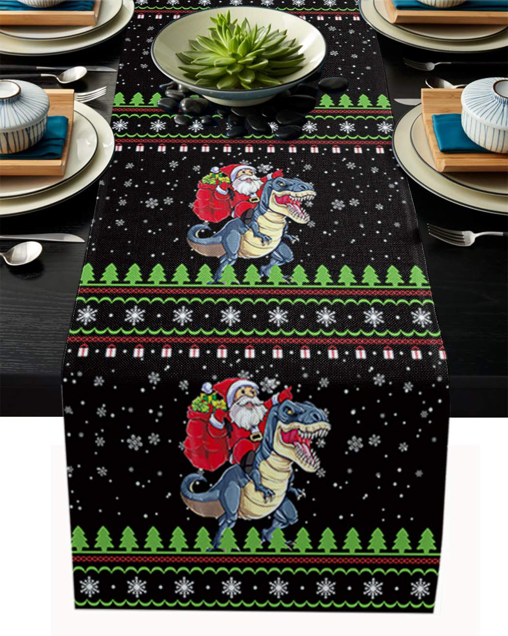 108 Inch Christmas Table Runner with Santa and Dinosaur Design - Burlap Rectangle Tablecloth for Dining, Coffee Tables, Holiday Parties, Weddings & Birthday Decor - White Snowflake & Trees Pattern (13