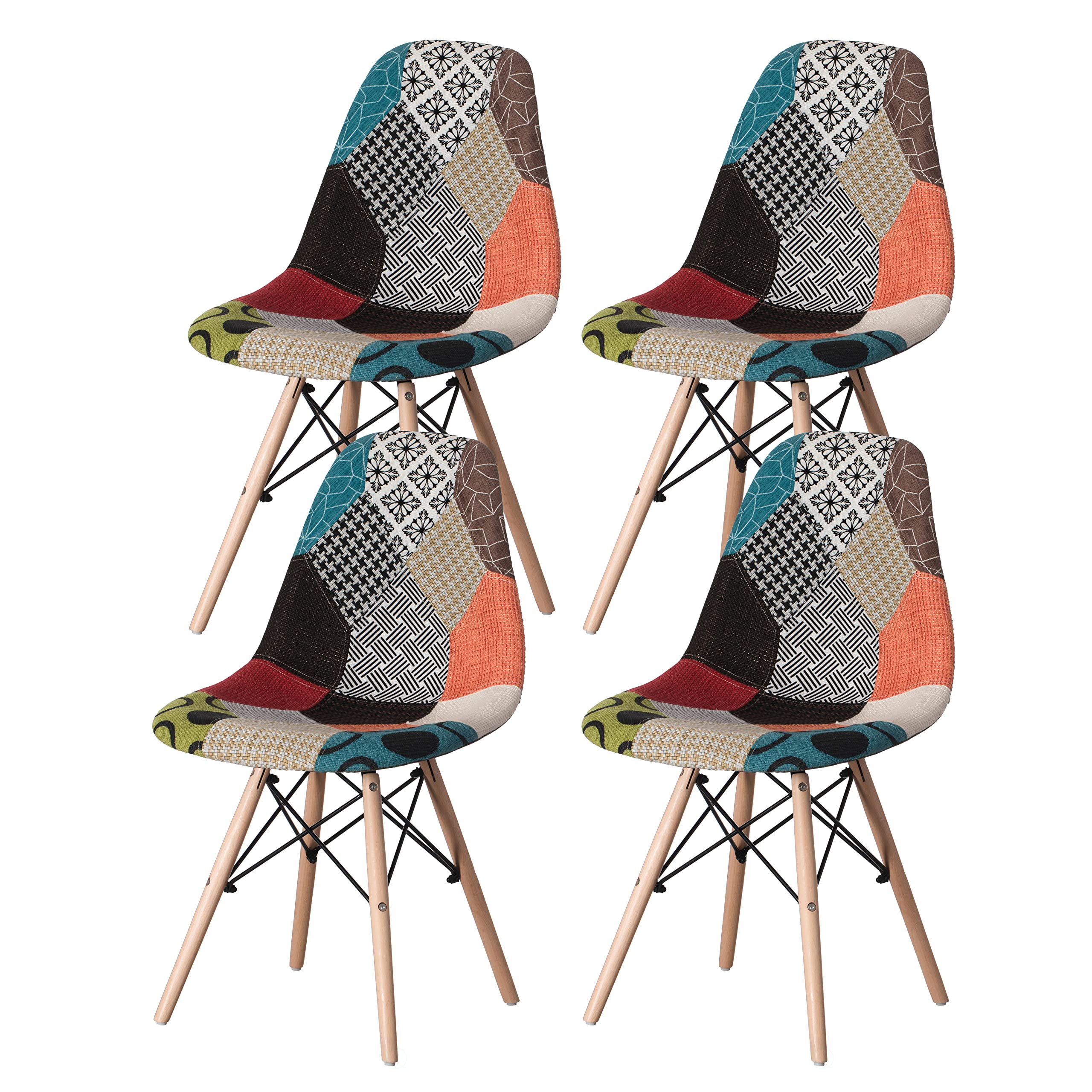 Modern Fabric Patchwork Chair with Wooden Legs - Set of 4 for Kitchen, Dining Room, Entryway & Living Room - Comfortable & Stylish Seating for Home Decor