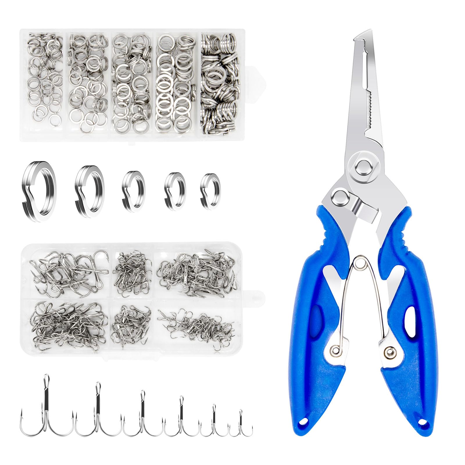 Waltool 311Pcs Fishing Split Rings & Hook Kit with Pliers - 5 Sizes Lure Connectors & 6 Sizes Carbon Steel Triple Hooks for Freshwater & Saltwater Fishing - Perfect for Bass, Trout, and Saltwater Anglers
