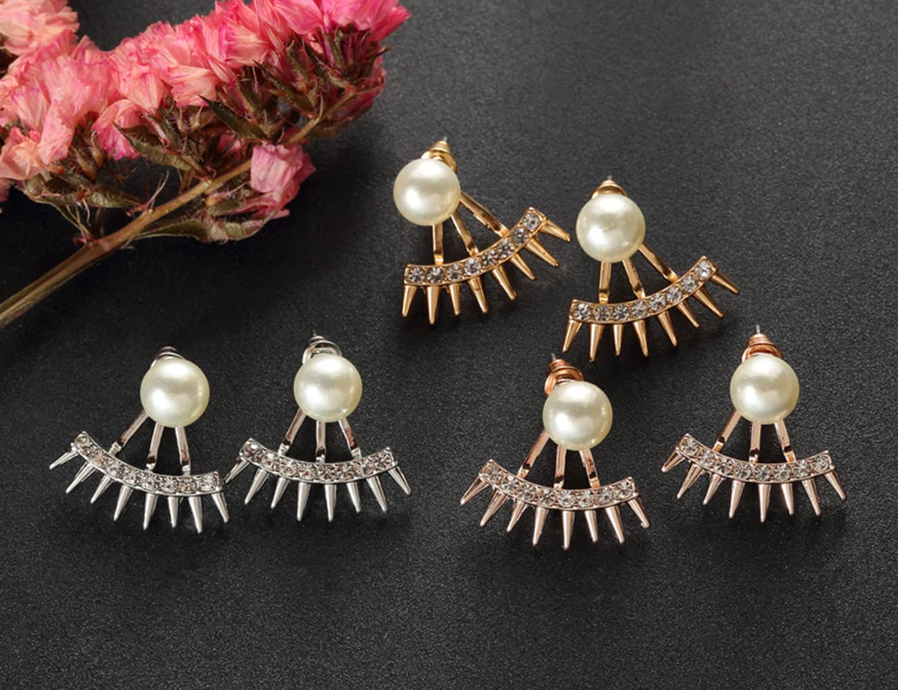 Jumwrit Silver Spike Ear Jacket Earrings with Pearl Stud & Rhinestone Dangle - Minimalist Front Back Cuff Earrings for Women | Perfect for Parties, Weddings & Everyday Wear