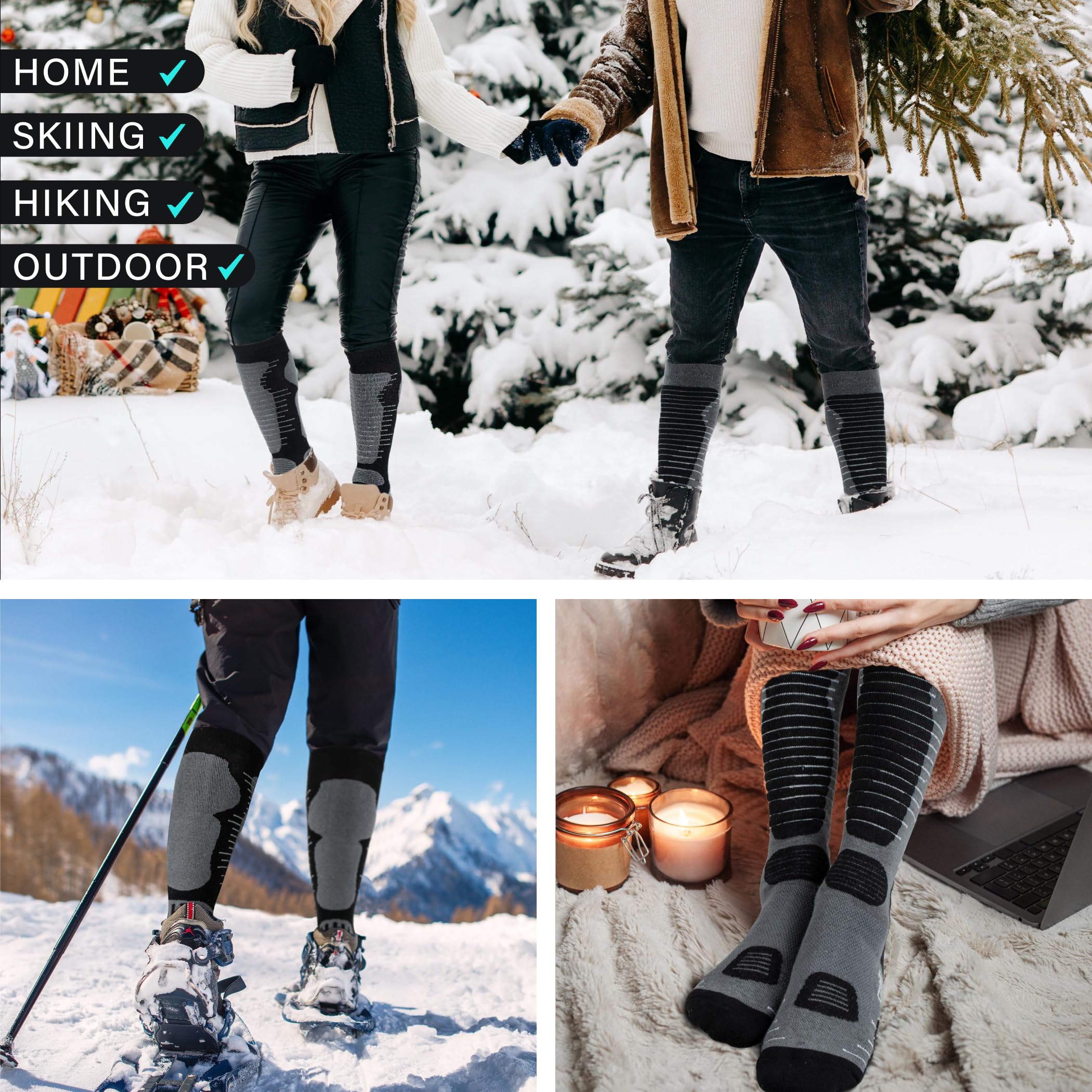 Merino Wool Ski Socks for Men & Women - 2 Pairs Warm Thermal Performance for Skiing & Snowboarding