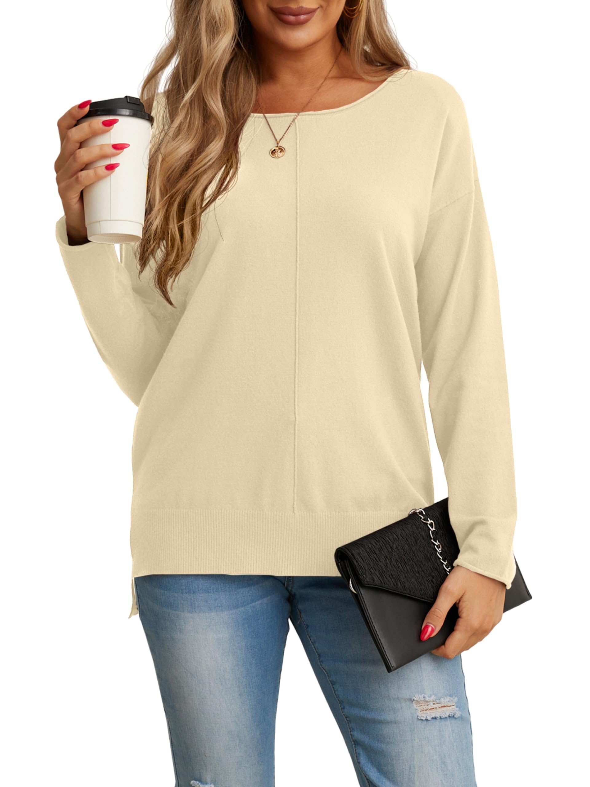 GRECERELLE Women's Lightweight Knit Pullover - Soft Long Sleeve Crewneck Sweater for Casual Wear