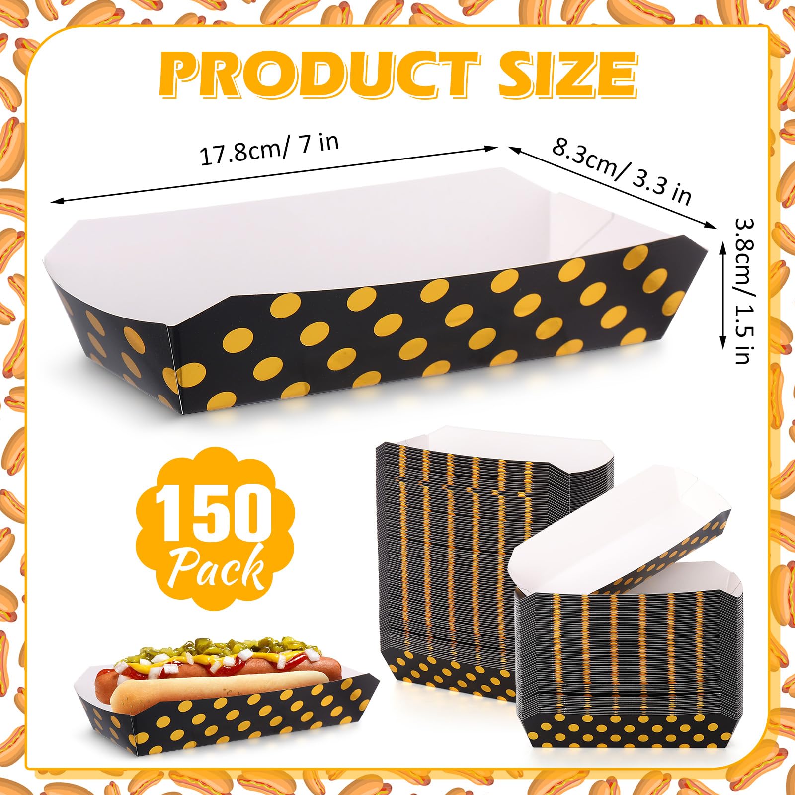 Colarr 150-Pack 2 lb Gold Dot Disposable Hot Dog Trays - 7 Inch Black Oil-Resistant Fast Food Paper Boats & Cardboard Baskets for Parties, Picnics, BBQs, and Outdoor Events