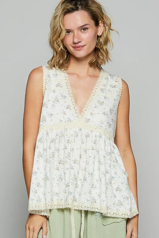 Boho Floral Lace V-Neck Sleeveless Top for Women - Beachy Summer Blouse with Natural Lace Details | Perfect for Vacations, Music Festivals & Boho Chic Outfits