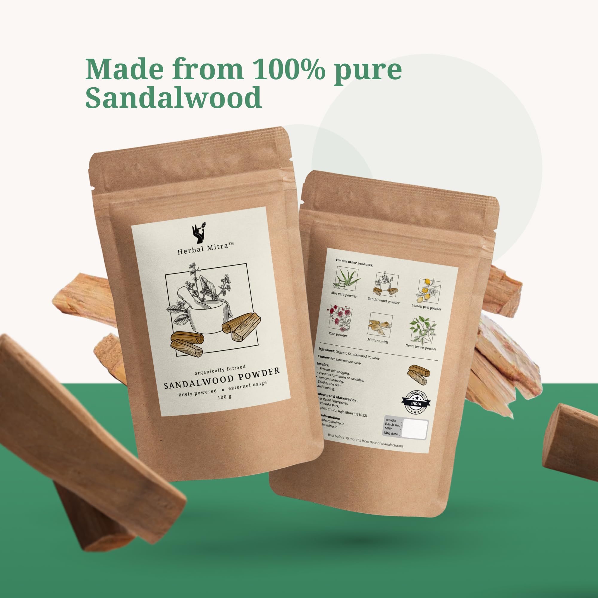 Pure & Natural Sandalwood Powder for Face & Skin Whitening - 100g Organic Facial Mask, Brightening Treatment & Ayurvedic Skincare - Perfect for DIY Face Packs, Spa Days & Glowing Complexion Care