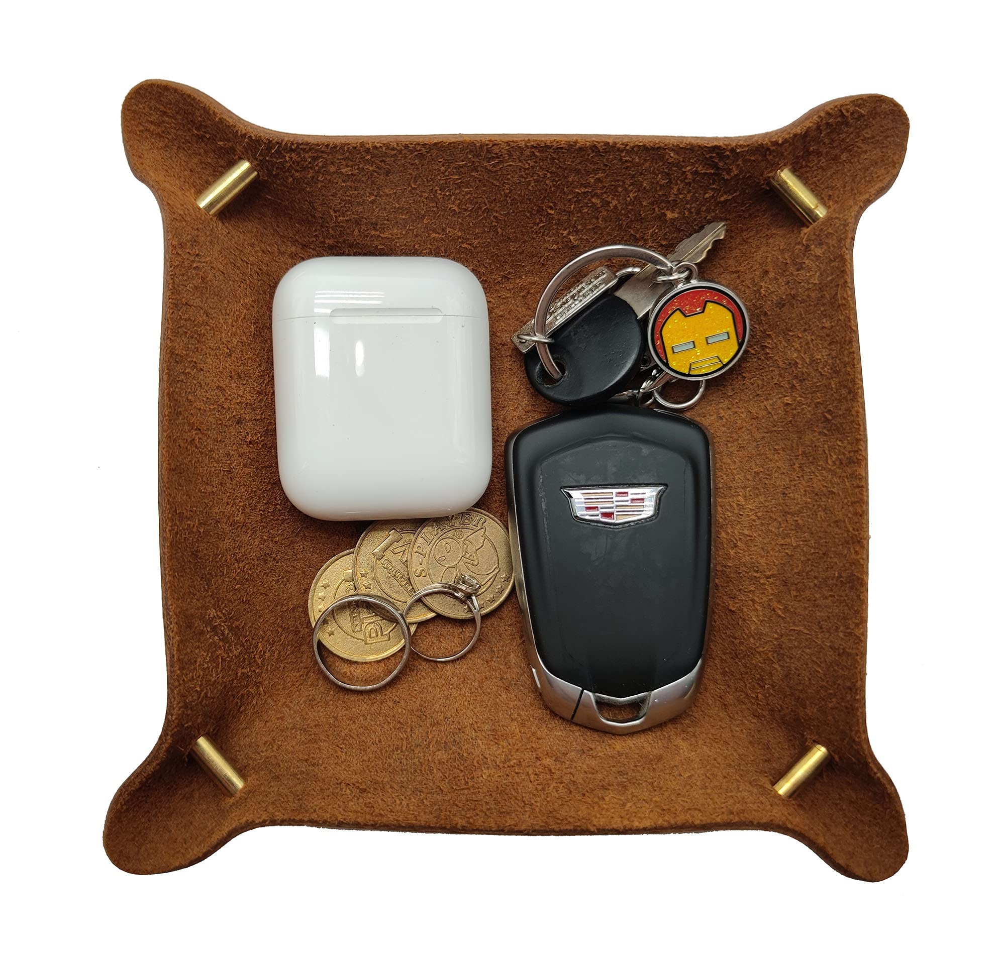 Premium Leather Valet Tray - Entryway Catchall Organizer for Wallets, Watches, Keys & Coins | Nightstand, Office Desk Storage Bowl | Handcrafted Crazy Horse Leather in Cinnamon | Perfect for Home, Office & Travel Accessories Organization