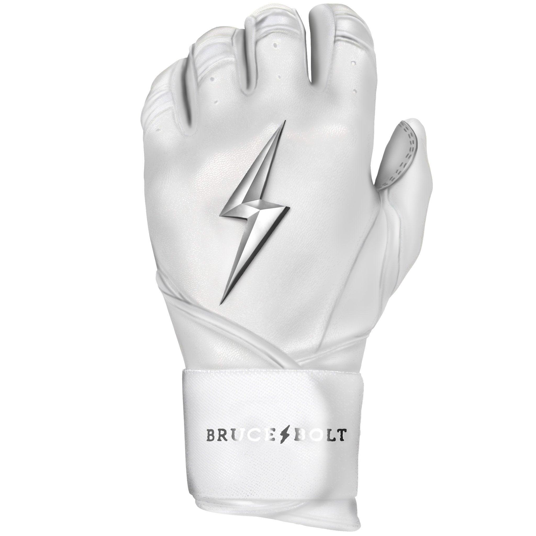 Bruce Bolt PREMIUM PRO Chrome Series Long Cuff Batting Gloves for Baseball & Softball - White | Durable Grip, Enhanced Protection & Comfort | Ideal for Training, Games & Competitive Play