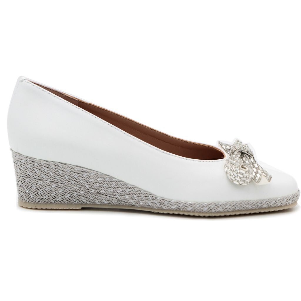 Bruno's Women's White Leather Wedge Shoes with Bow - Comfortable Casual & Dressy Heels for Work, Parties, and Everyday Wear