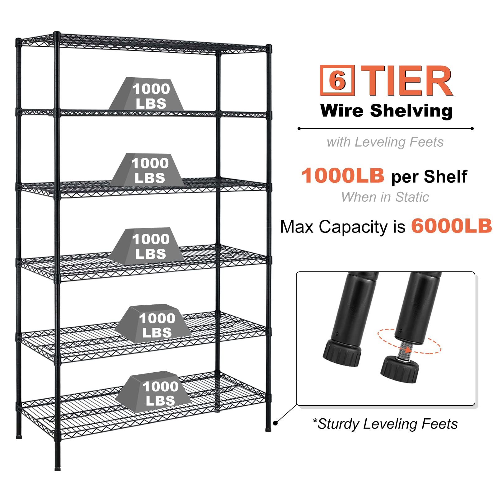 6000Lbs Capacity Heavy Duty Commercial Wire Shelving Unit - Adjustable 6-Tier NSF Metal Storage Rack with Wheels for Garage, Basement, Warehouse (76
