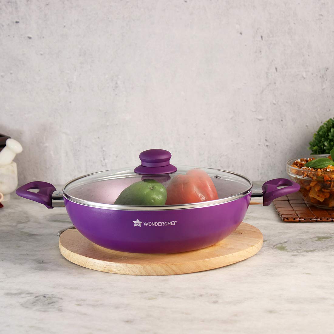 Wonderchef Royal Velvet Non-Stick Stir Fry Wok - 26cm PFOA-Free & Nickel-Free Aluminum Cookware with Glass Lid (Violet) - Perfect for Indian, Chinese & Asian Cuisine - Ideal for Sauteing, Frying & Stir-Frying at Home
