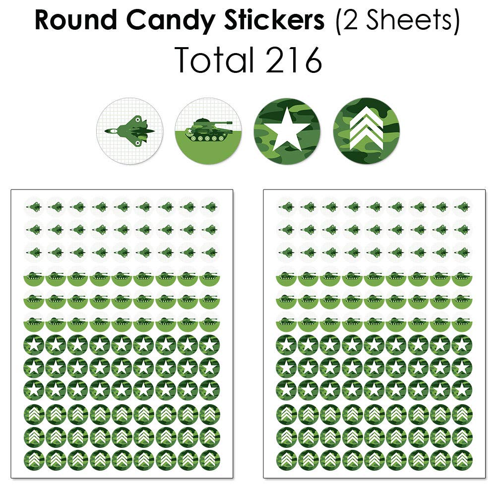Big Dot of Happiness Camo Hero - 304-Piece Army Military Camouflage Party Candy Favor Sticker Kit with Mini Candy Bar Wrappers & Round Circle Stickers - Perfect for Military Themed Parties, Baby Showers & Patriotic Events