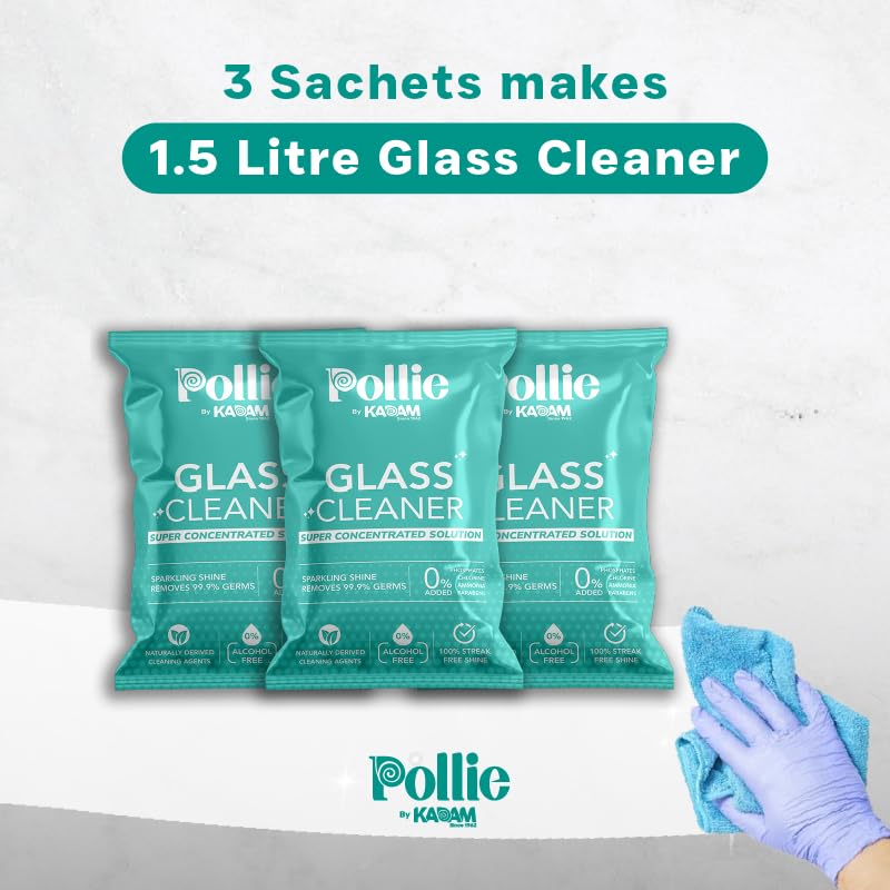 KADAM Pollie Glass Cleaner 1.5L - Empty Bottle + 3 Refill Sachets (1 Sachet Makes 500ml) | Alcohol-Free, Non-Toxic Dual Fragrance Glass Cleaner for Electronics, Screens, Cars, Windows, Kitchens & Bathrooms | Streak-Free Shine for Phones, Laptops, Mirrors & Glass Surfaces