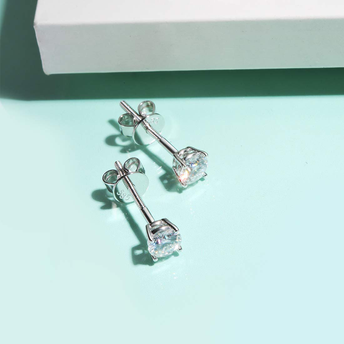 14K Solid White Gold Round 4 Prong Moissanite Stud Earrings - D-E Color VVS Clarity Simulated Diamond Screw Back Earrings for Women & Girls | Fine Jewelry Gift for Anniversary, Birthday & Special Occasions